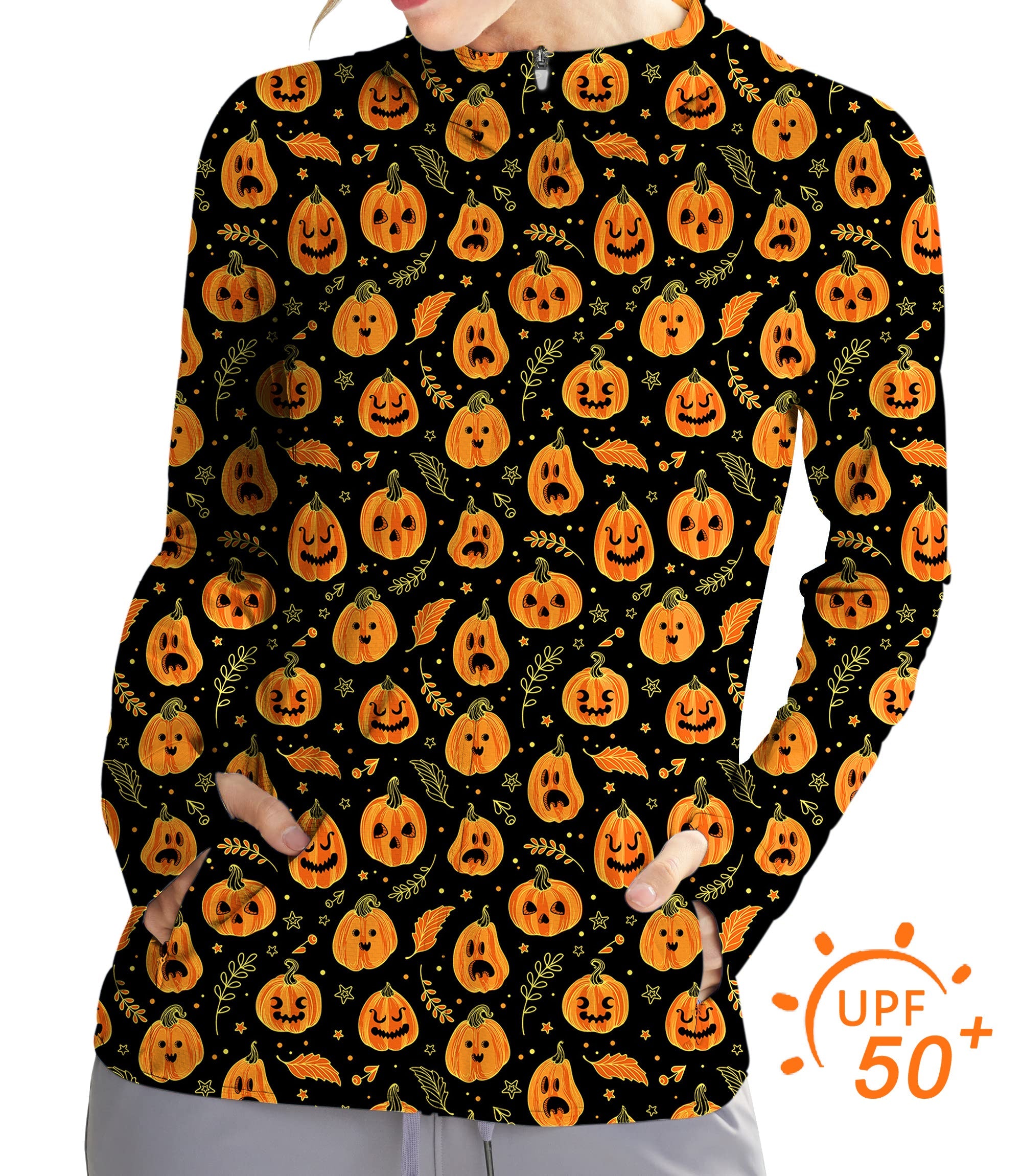 Women's slim fit zip hoodie with kawaii Halloween pumpkin pattern, UV 50+ sun protection for outdoor sports
