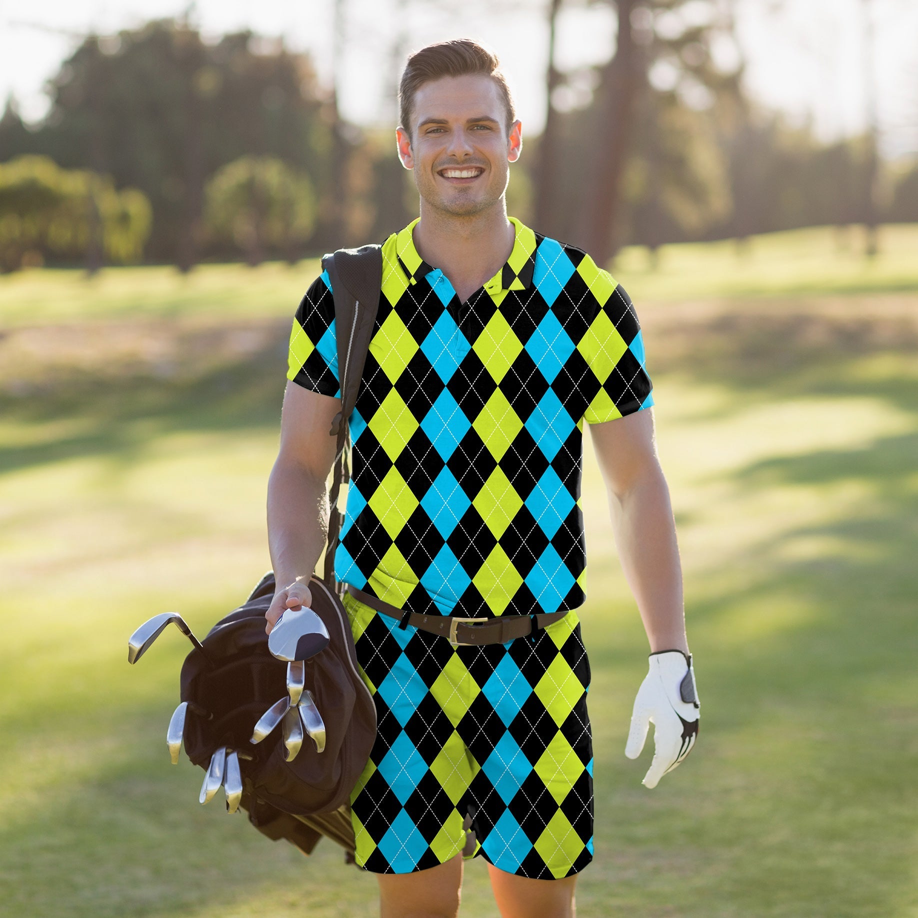 Men's Golf Set with black, green, and blue argyle polo and shorts on golf course