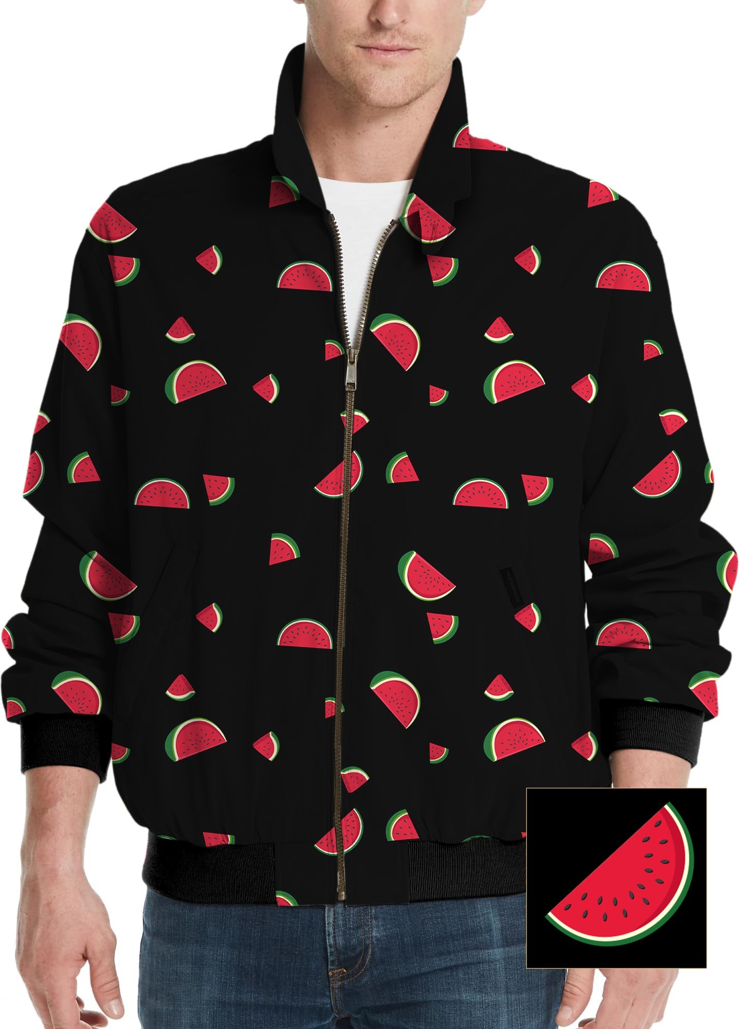 Men's black windbreaker jacket with watermelon custom print design