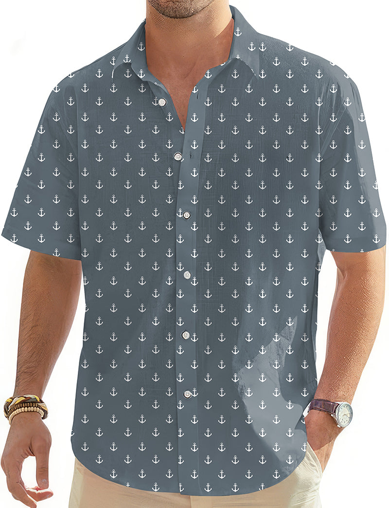 Gray anchor patterned men's golf Hawaiian button-down shirt with short sleeves and classic collar