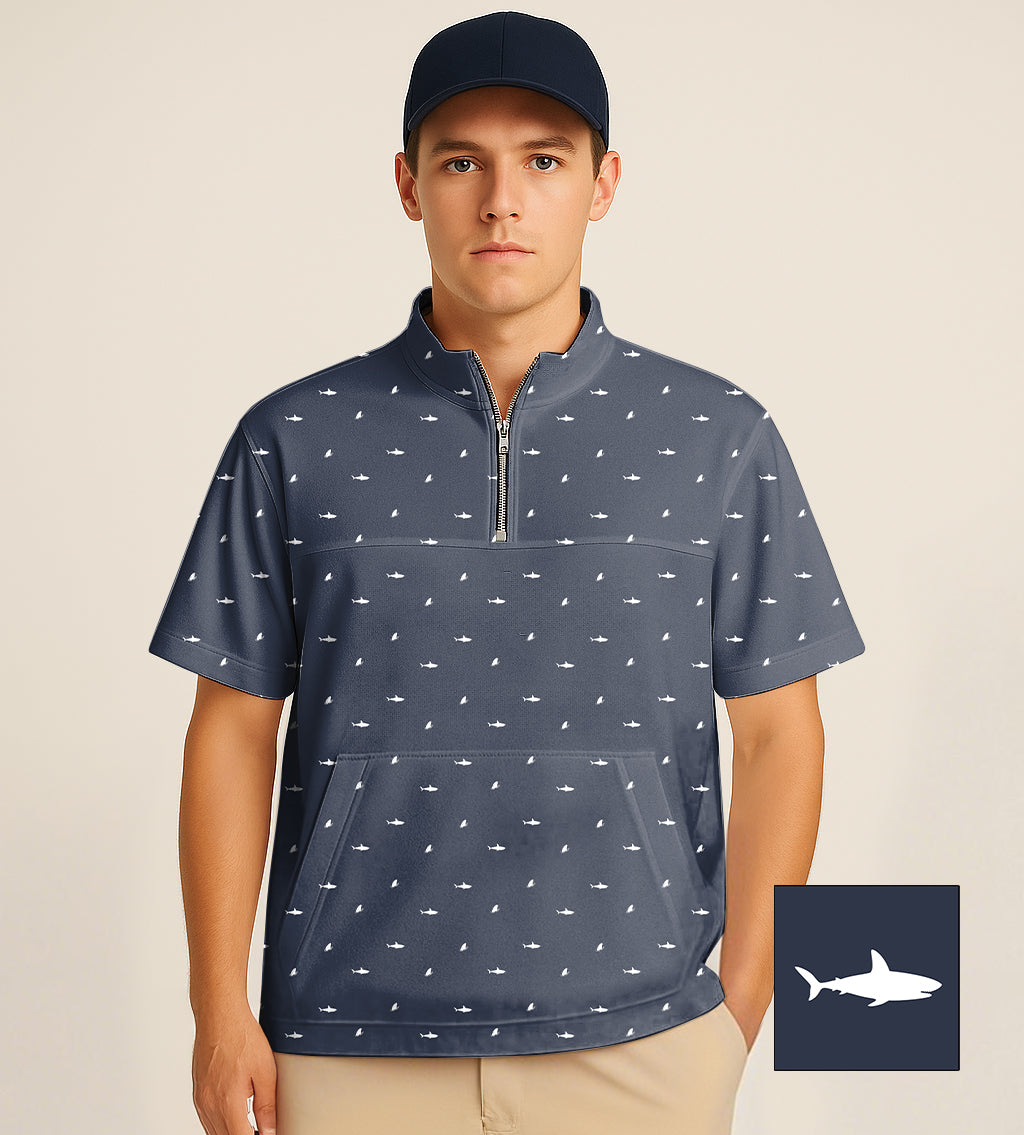 Men's half zipper turtleneck golf shirt with shark and fin pattern in navy blue