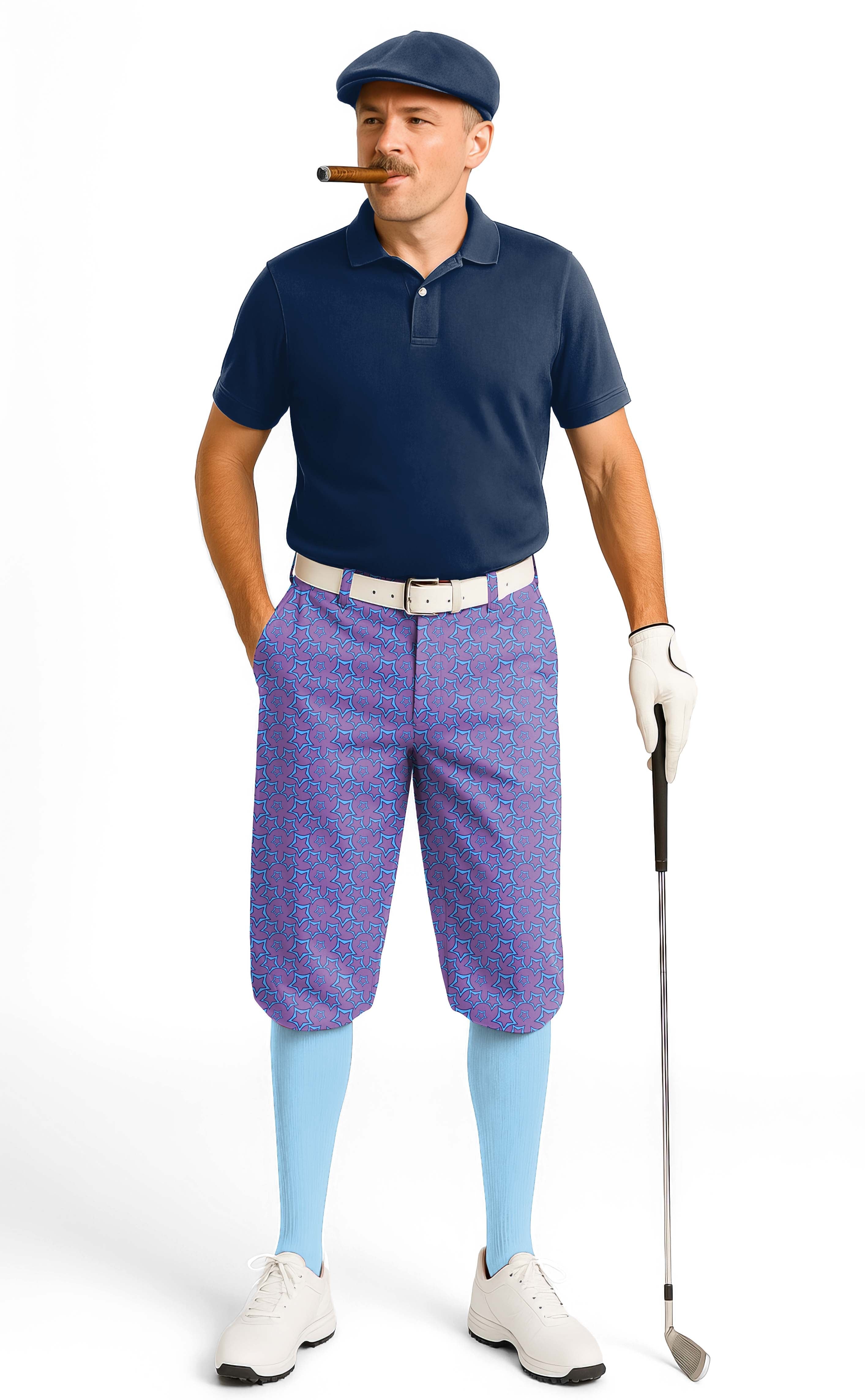 Limited edition blue star men's golf knickers with snug ankle cuffs and breathable, wrinkle-resistant fabric