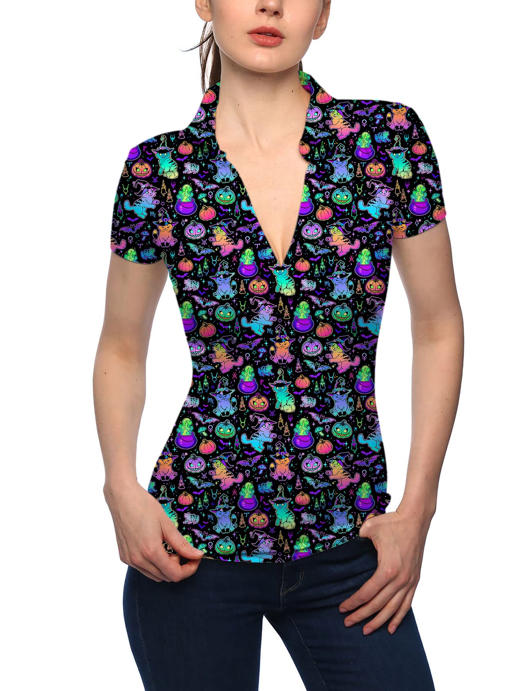 Women's Halloween constellation cat V neck golf polo shirt with stand collar and colorful spooky pattern