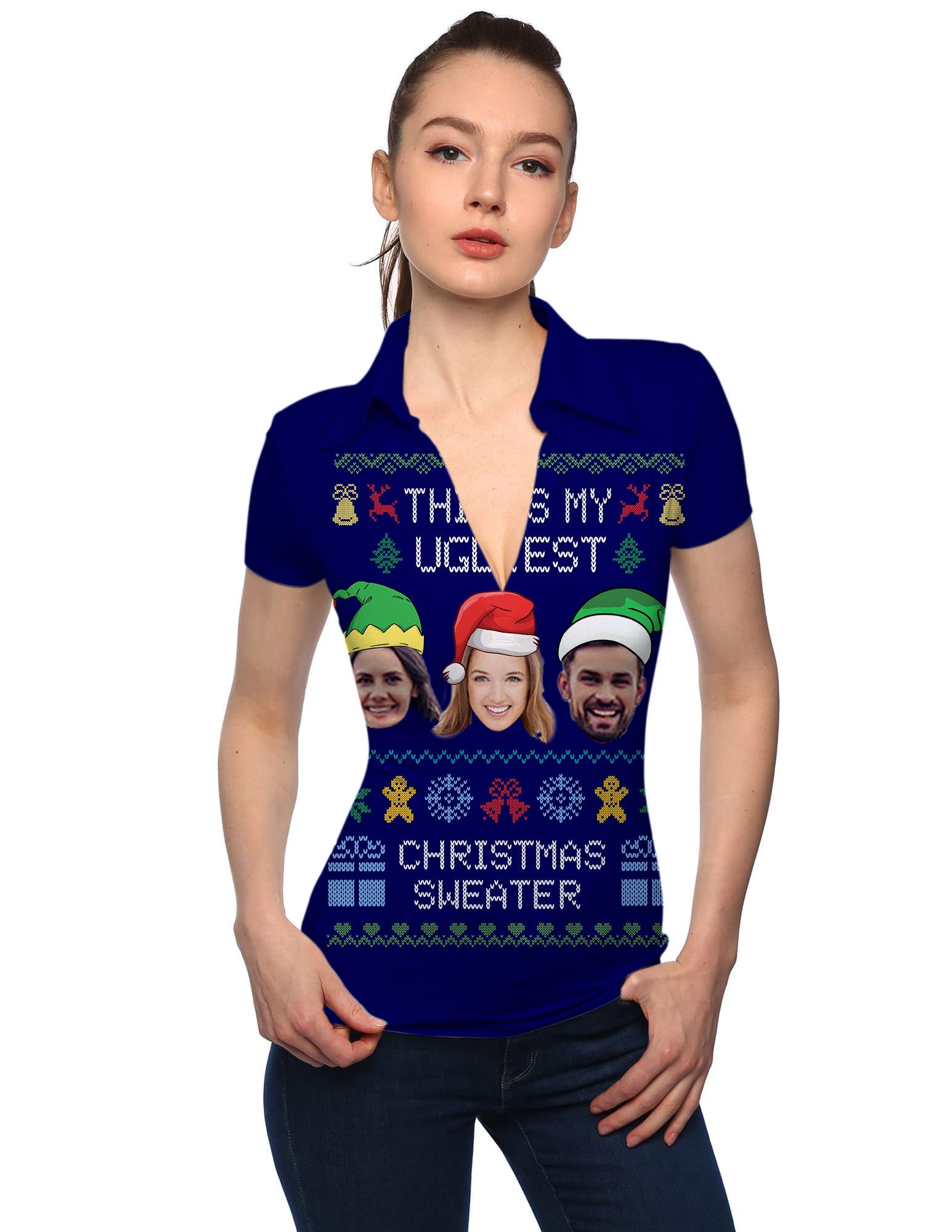 Women's navy Christmas custom face V neck golf polo with funny ugly sweater design and short sleeves