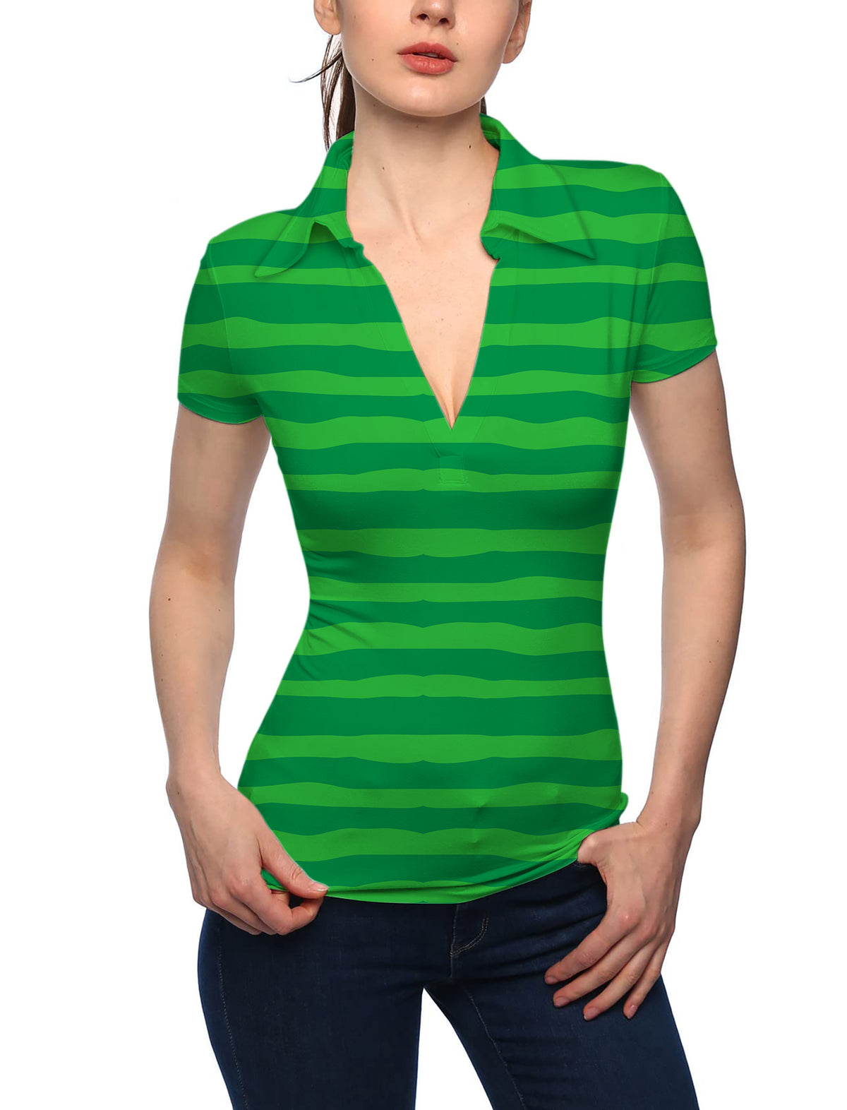 Women's Horizontal watermelon stripes V Neck Golf Polo