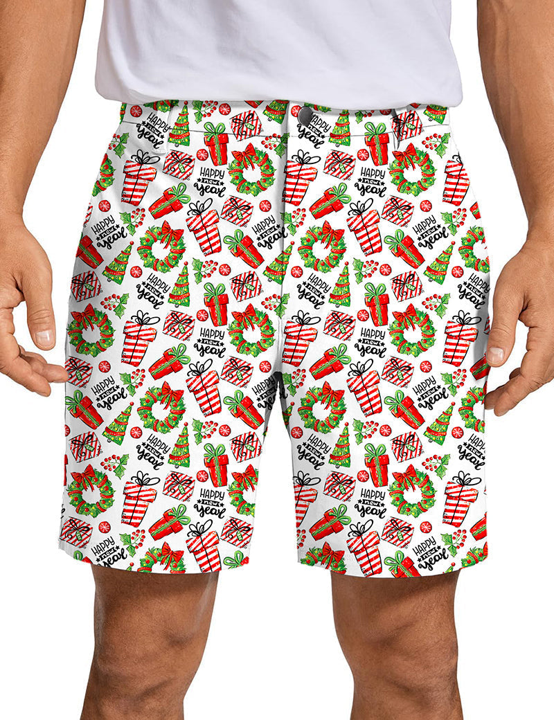 Men's Merry Christmas gift golf shorts with festive holiday pattern, quick-dry, lightweight, and wrinkle-free fabric
