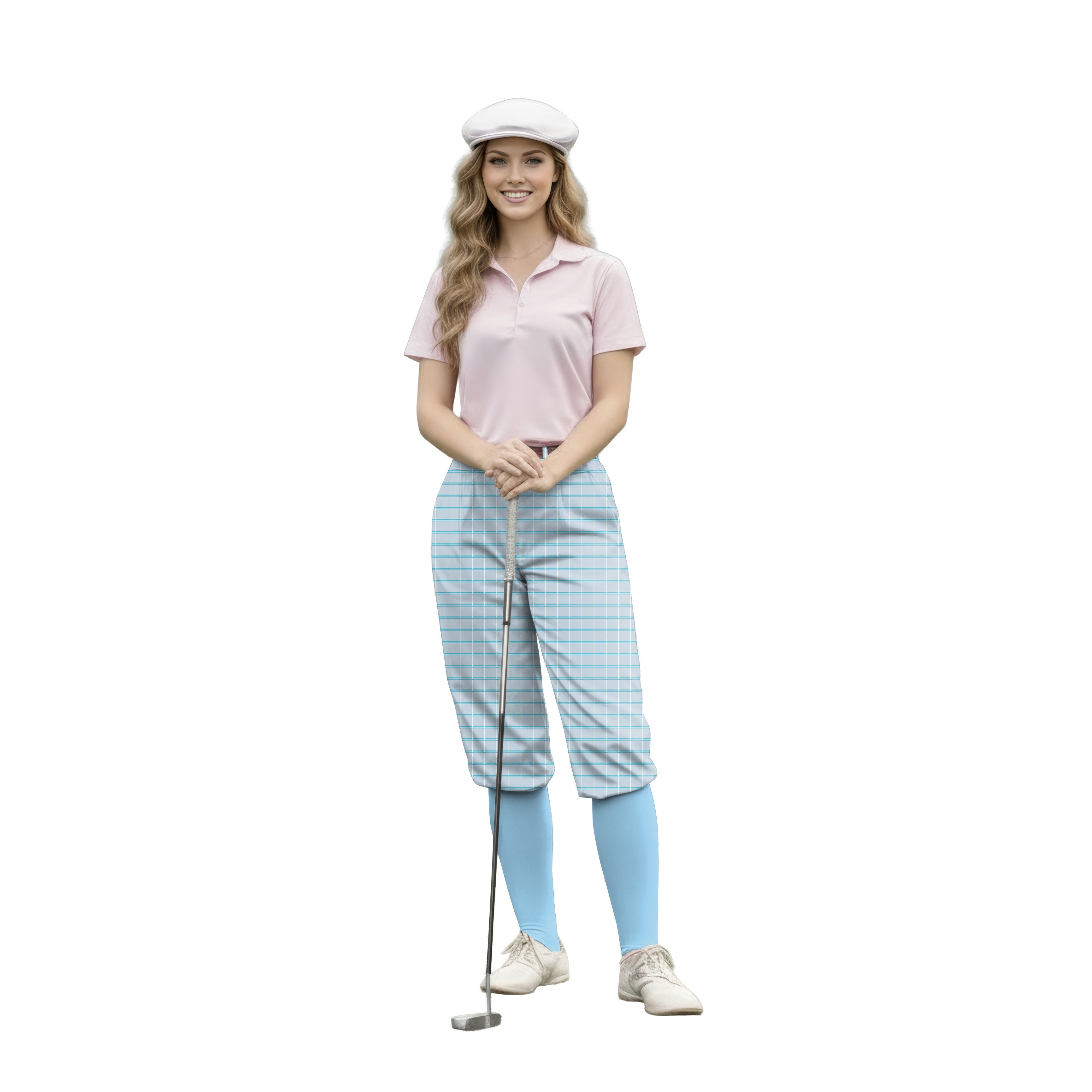 Woman golfer wearing sky blue checkered golf knickers pants with pink polo and white cap holding putter