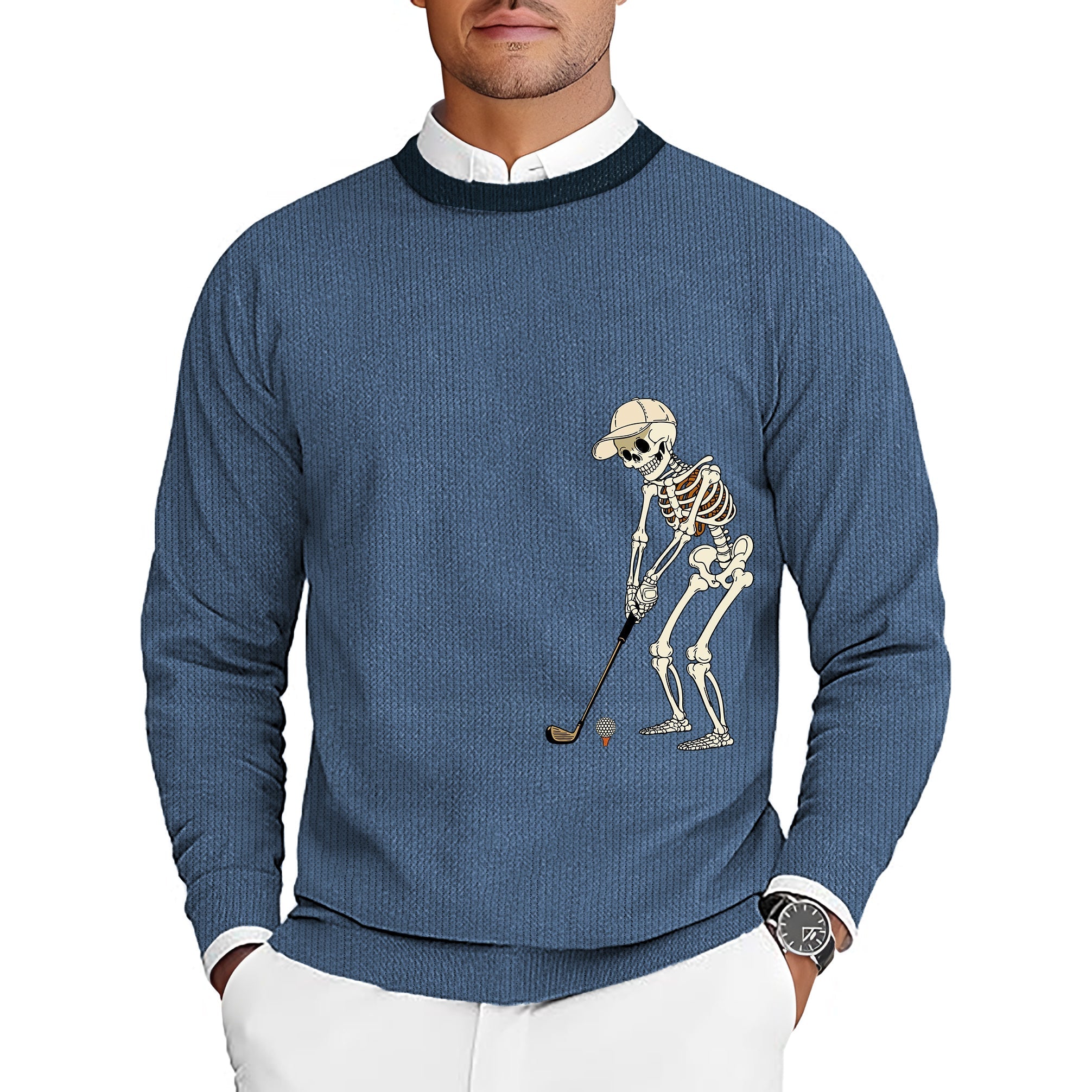 White royal blue men's golf crewneck pullover sweater with skeleton golf design