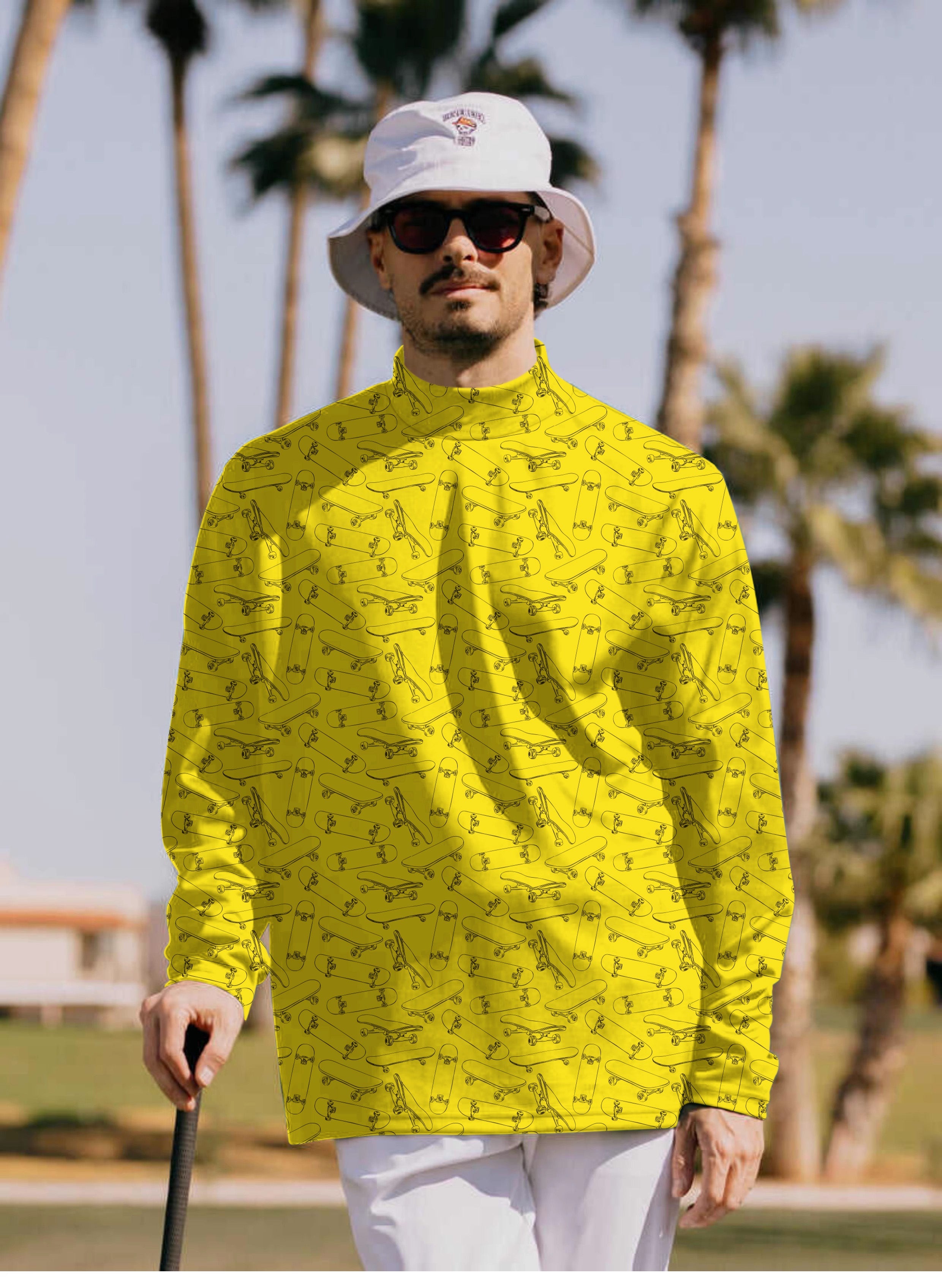 Men's yellow skateboard pullover with high neck and long sleeves, featuring skateboard print