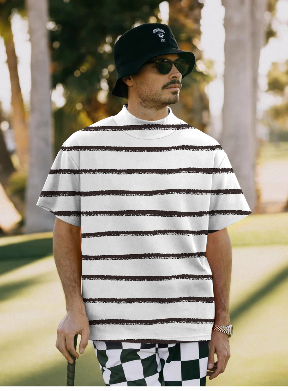 Men's Black and white crayon-style stripes Mock Neck Long/Short Sleeve Golf Tops