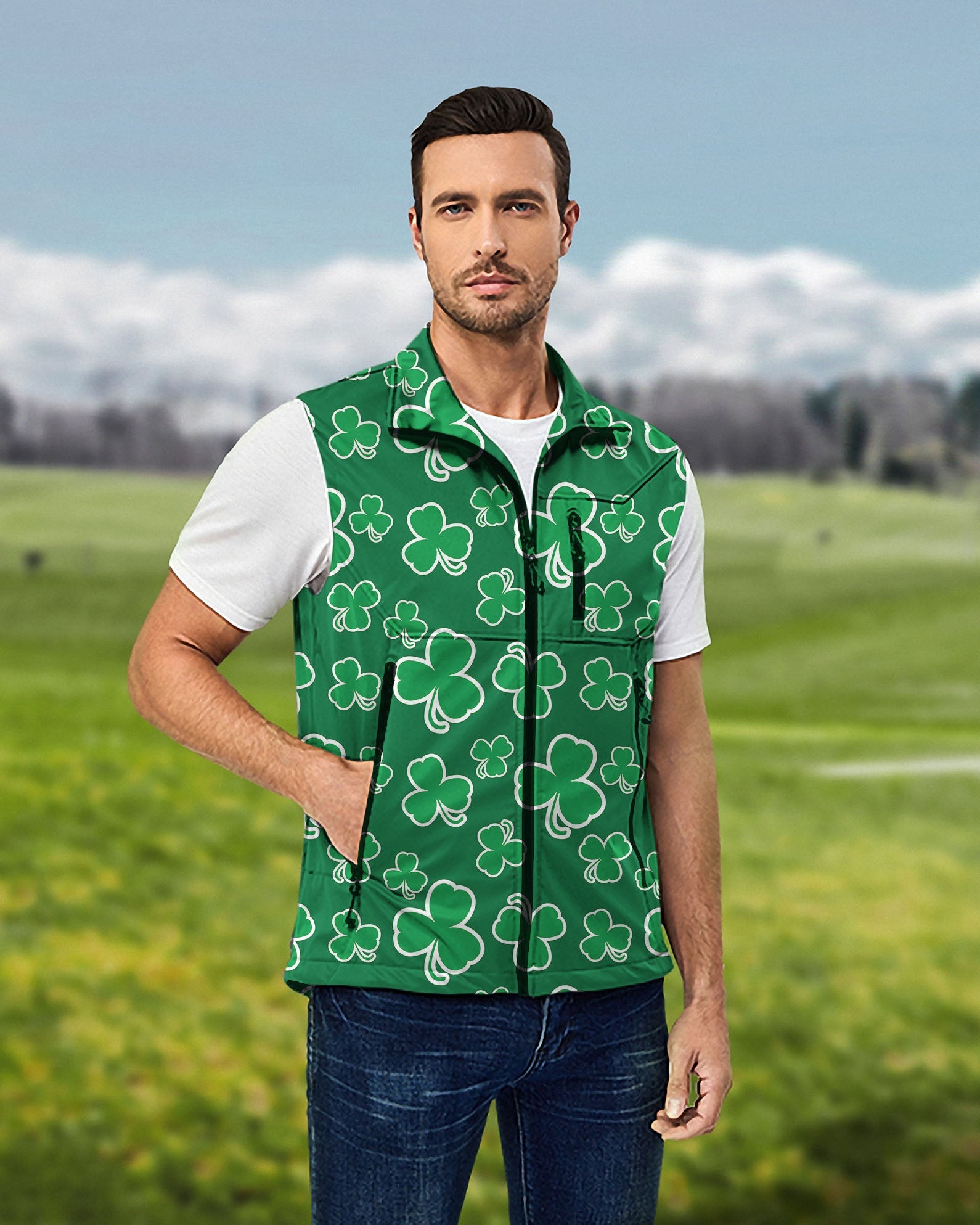 Men's leaf clover St. Patrick's Day green softshell vest for golf, windproof and waterproof sleeveless jacket