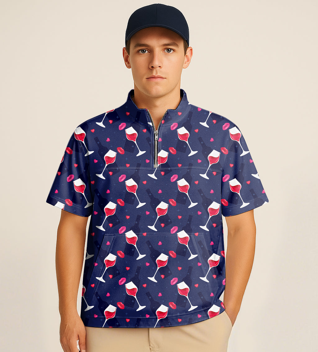 Half zipper turtleneck golf shirt with wine glass embroidery and short sleeves