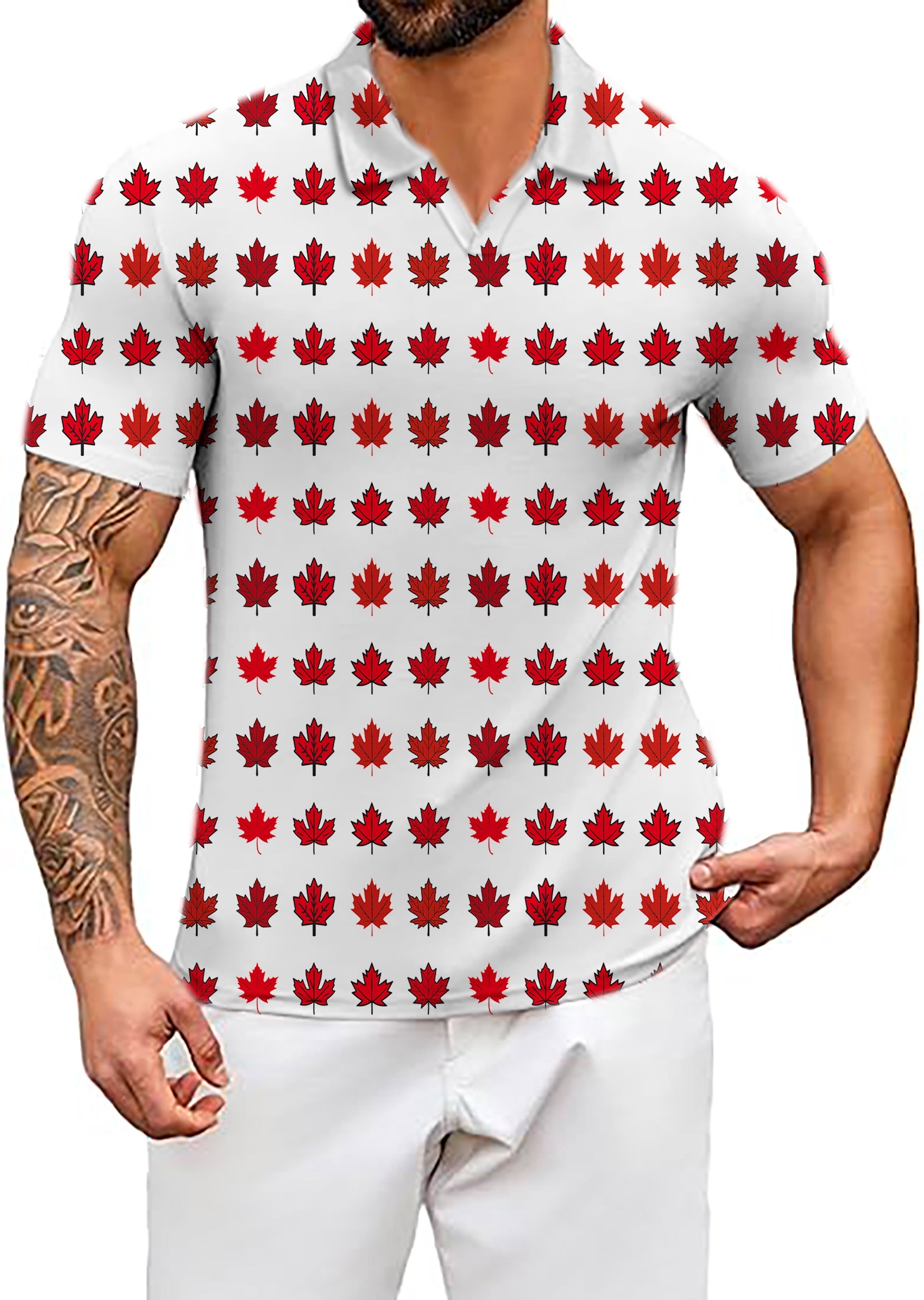 Men's Coconut Palm golf polo shirt with red maple leaf pattern, V-neck, moisture-wicking fabric, and classic fit