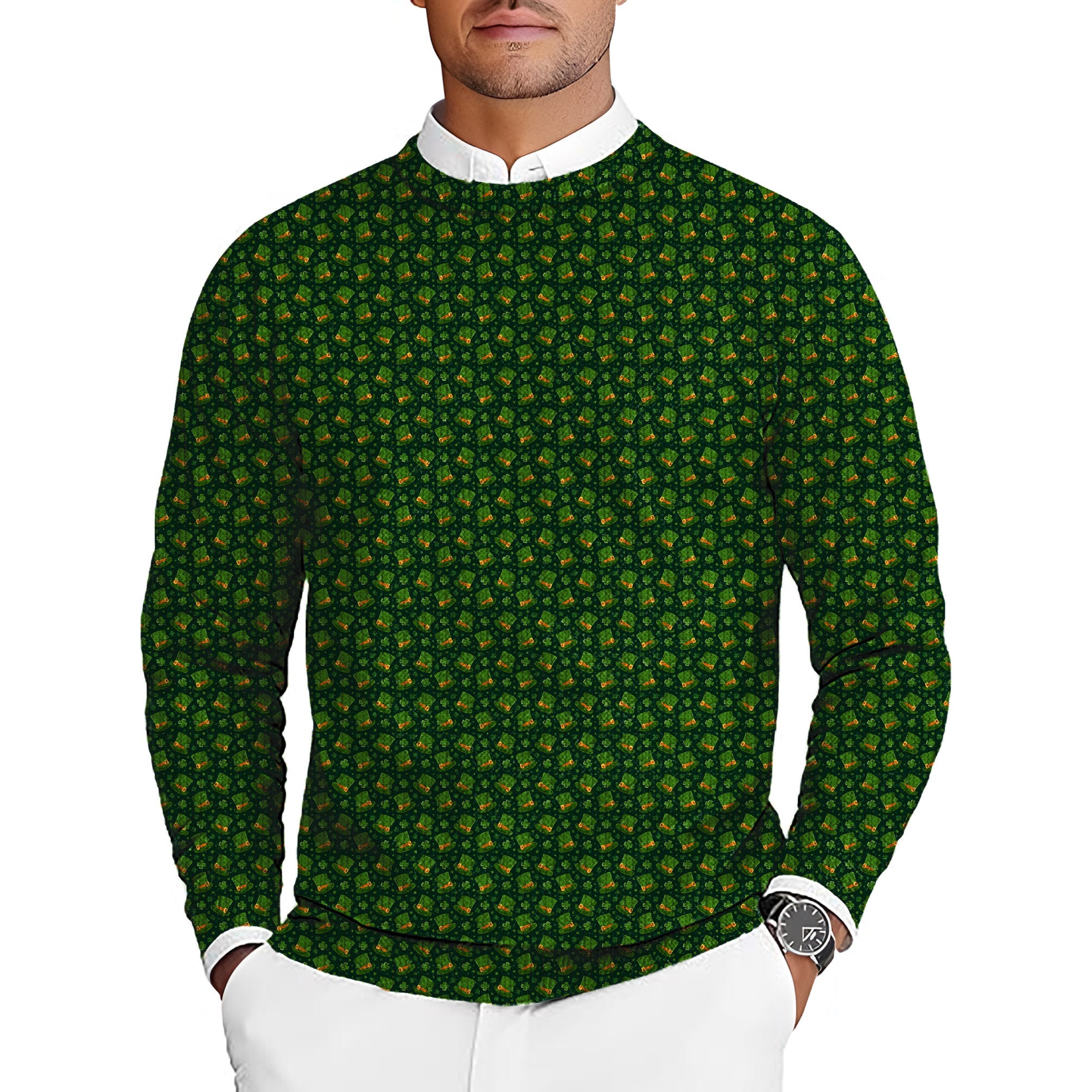 Men's St. Patrick's Day golf pullover sweater with leprechaun hat clover leaf pattern