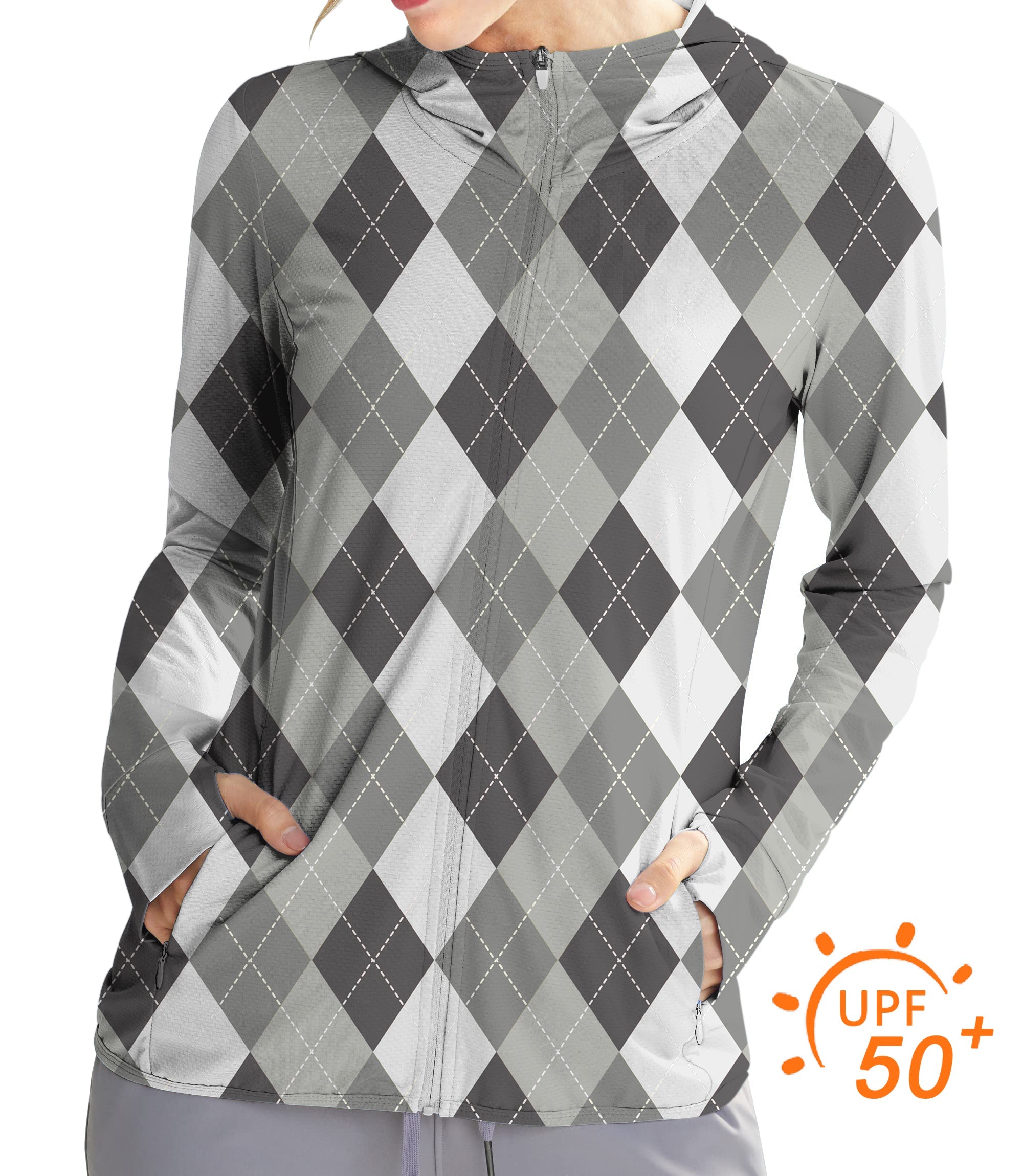Women's outdoor grey argyle slim fit zip hoodie with UPF 50+ sun protection and thumb holes