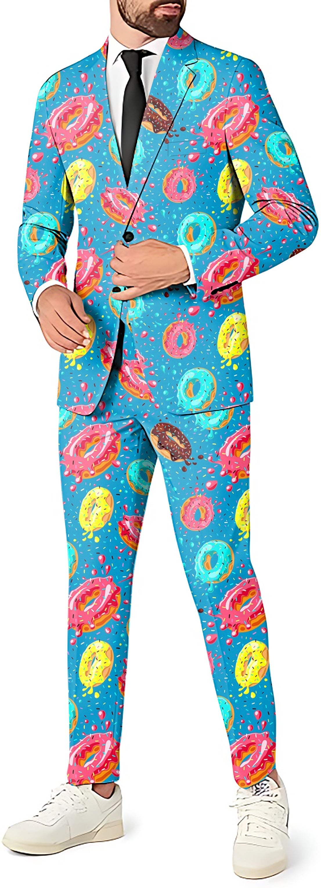 Men's Hole In One party costume suit with colorful donut print blazer, pants, and vest set