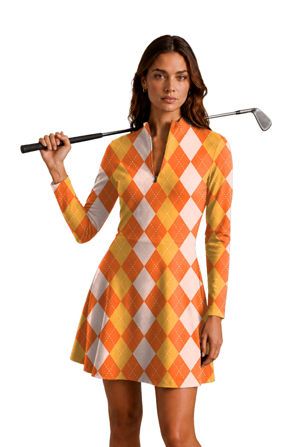 Halloween Orange Apricot Argyle Women's Golf Long Sleeve Zipper Dresses Comes with separate matching shorts