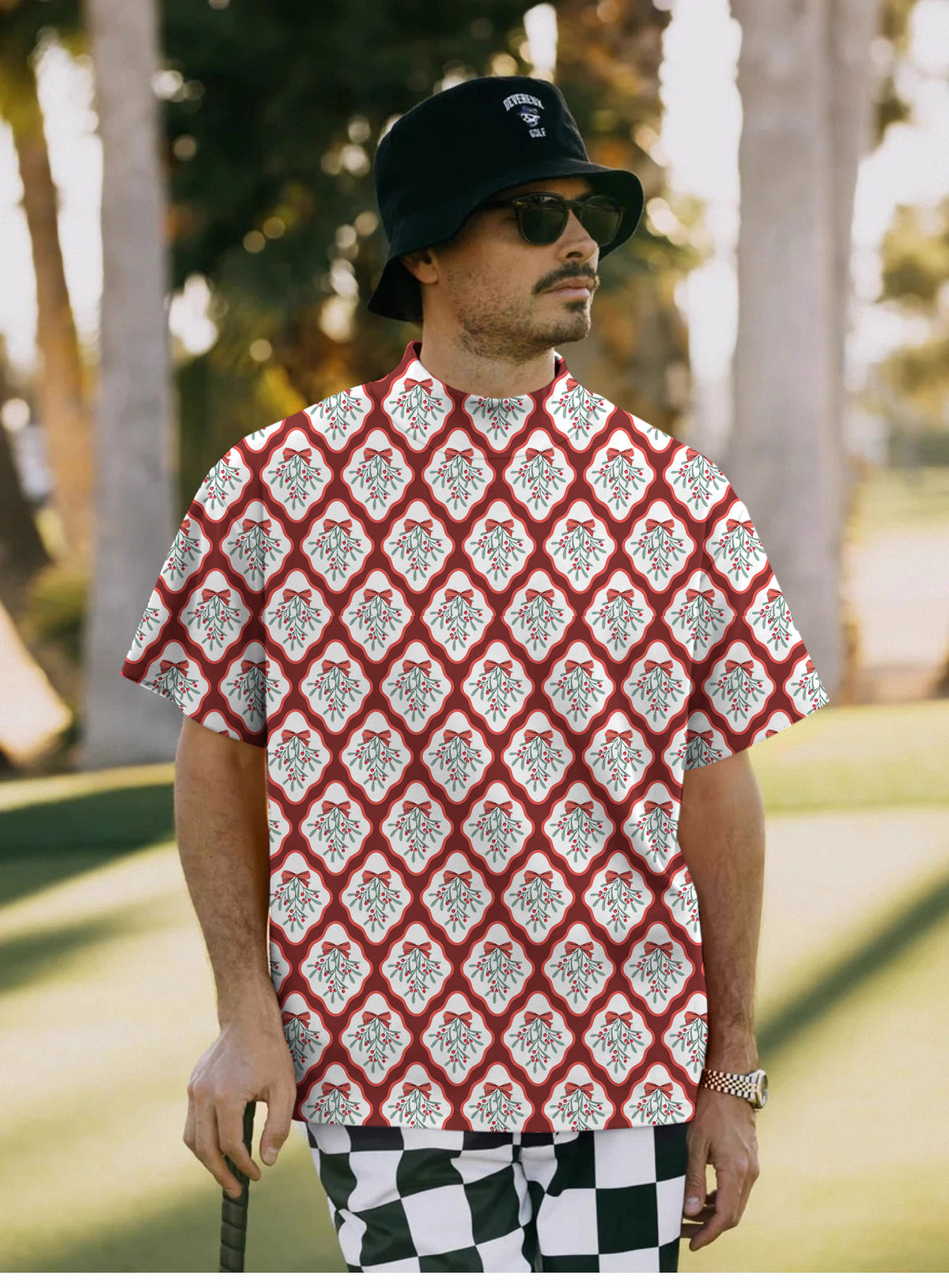 Men's Christmas red holly Mock Neck Long/Short Sleeve Golf Tops