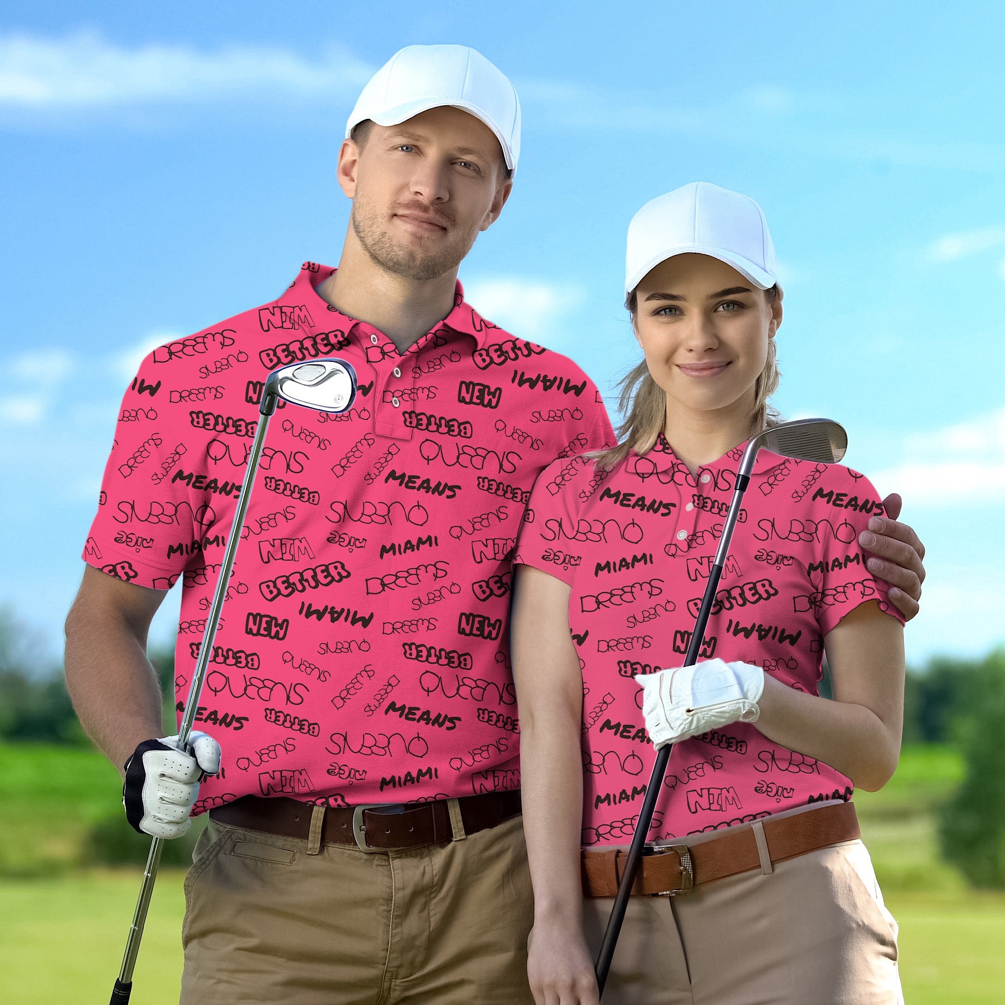 Couple wearing matching pink Couple New Better Miami golf shirts with caps holding golf clubs on course