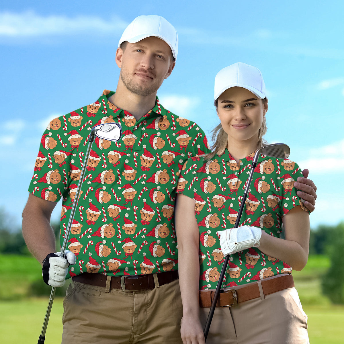 Couple Green Christmas Teddy Bear set Golf Championship Trophy tournament