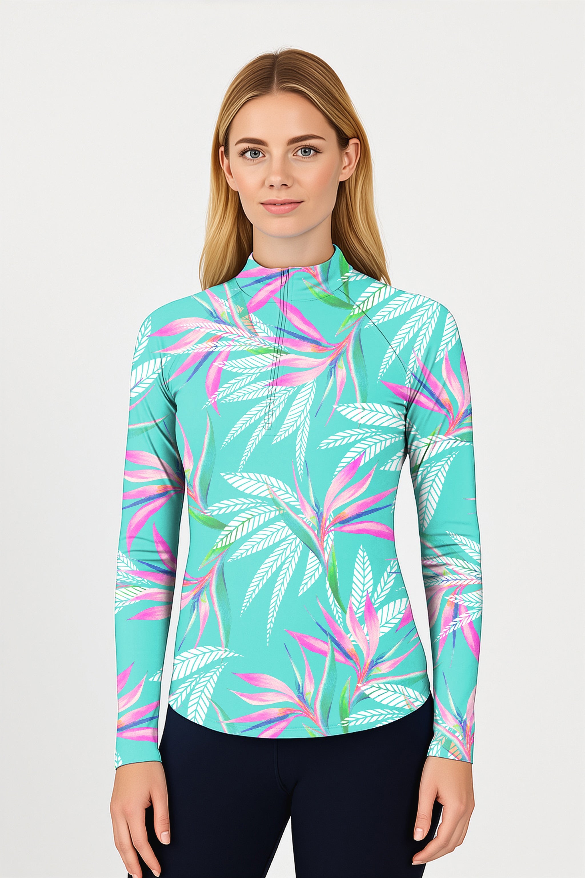 Tropical leaves Women's Golf Active 3/4 Zip Top Long Sleeves