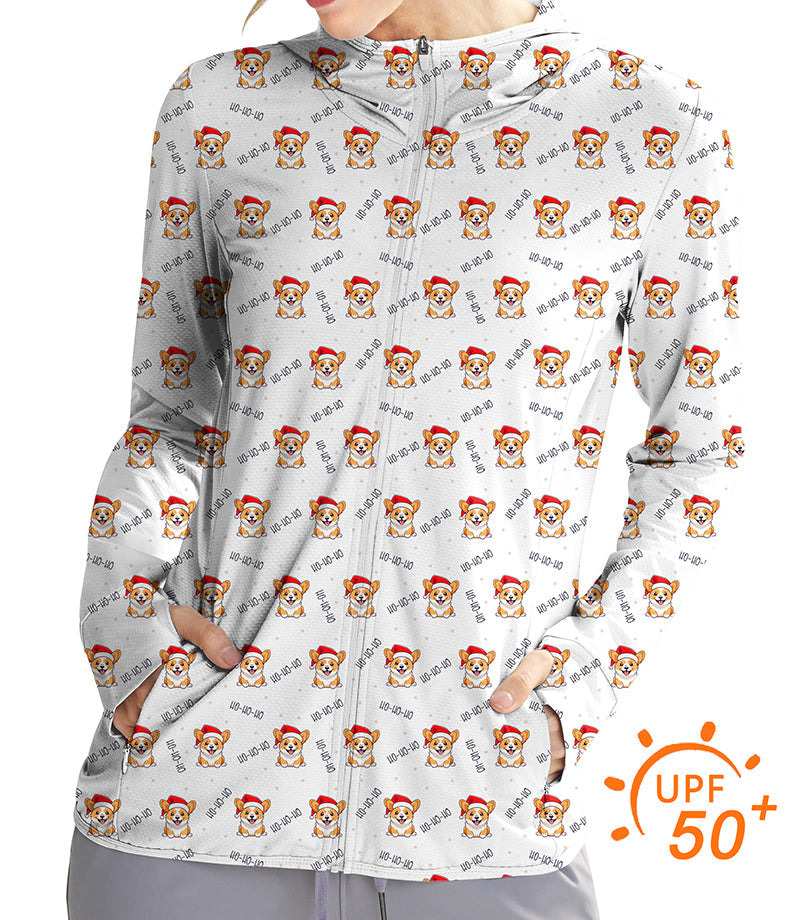 Women's lightweight Christmas corgi print golf hoodie with UPF 50+ sun protection and thumb holes