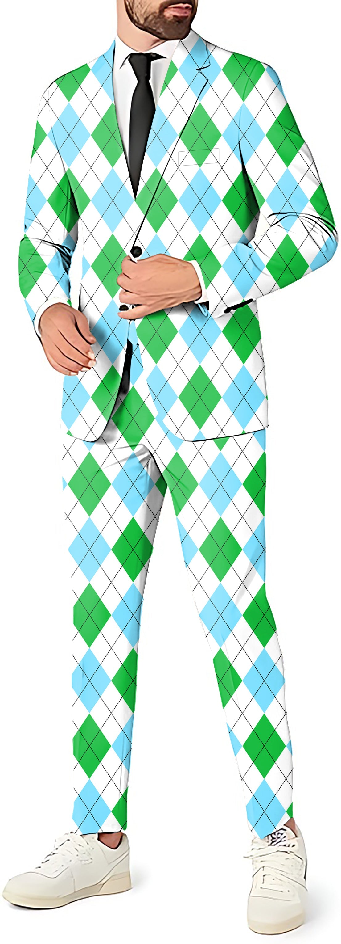 Men's party costume green diamond grid blazer pants and vest set