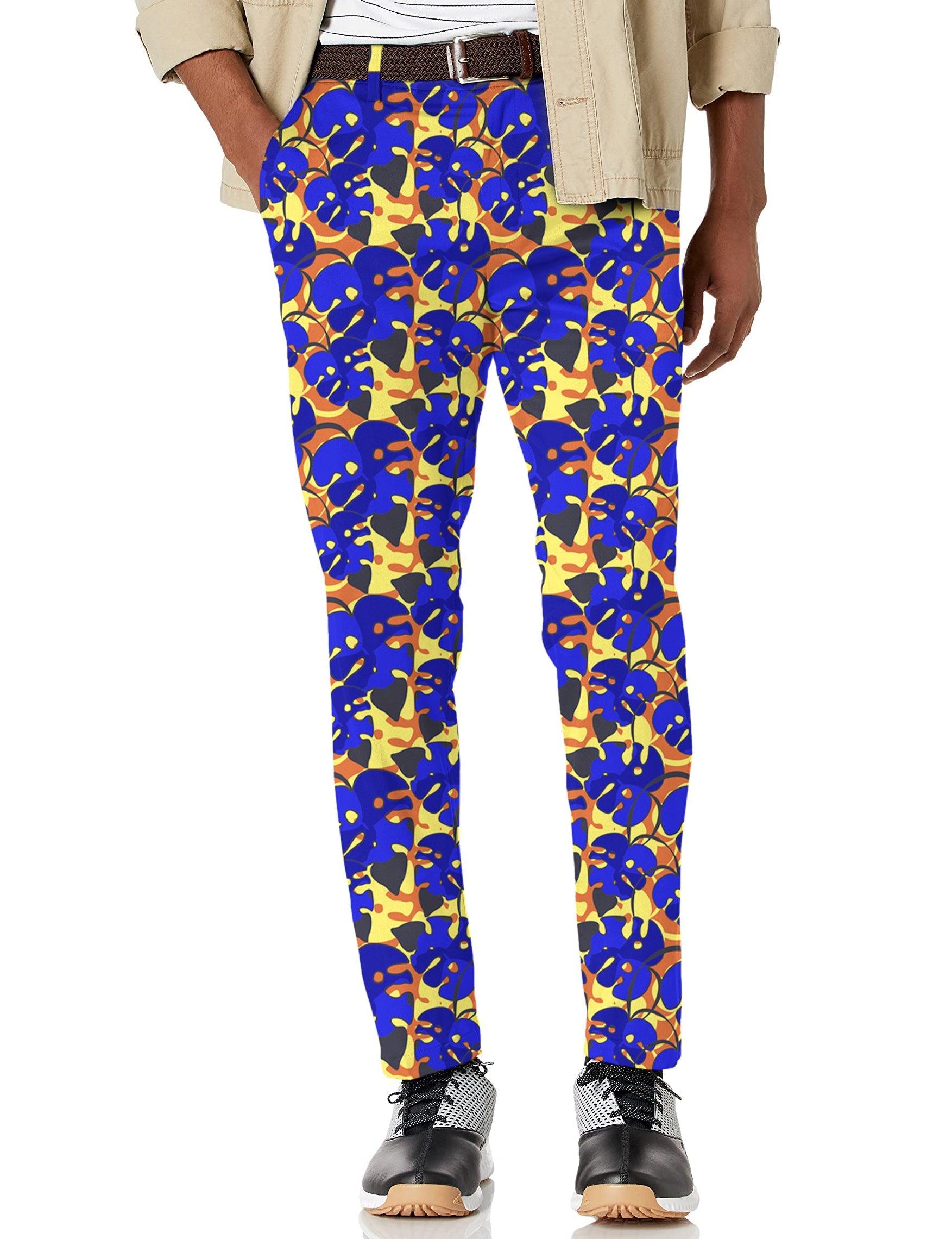 Men's tropical leaves stretch golf pants with moisture-wicking fabric and vibrant blue leaf print