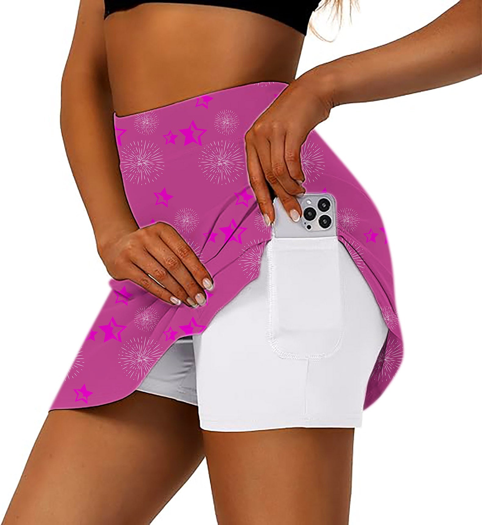 Women's athletic golf skorts with pink Pentagram Impression pattern and phone pocket