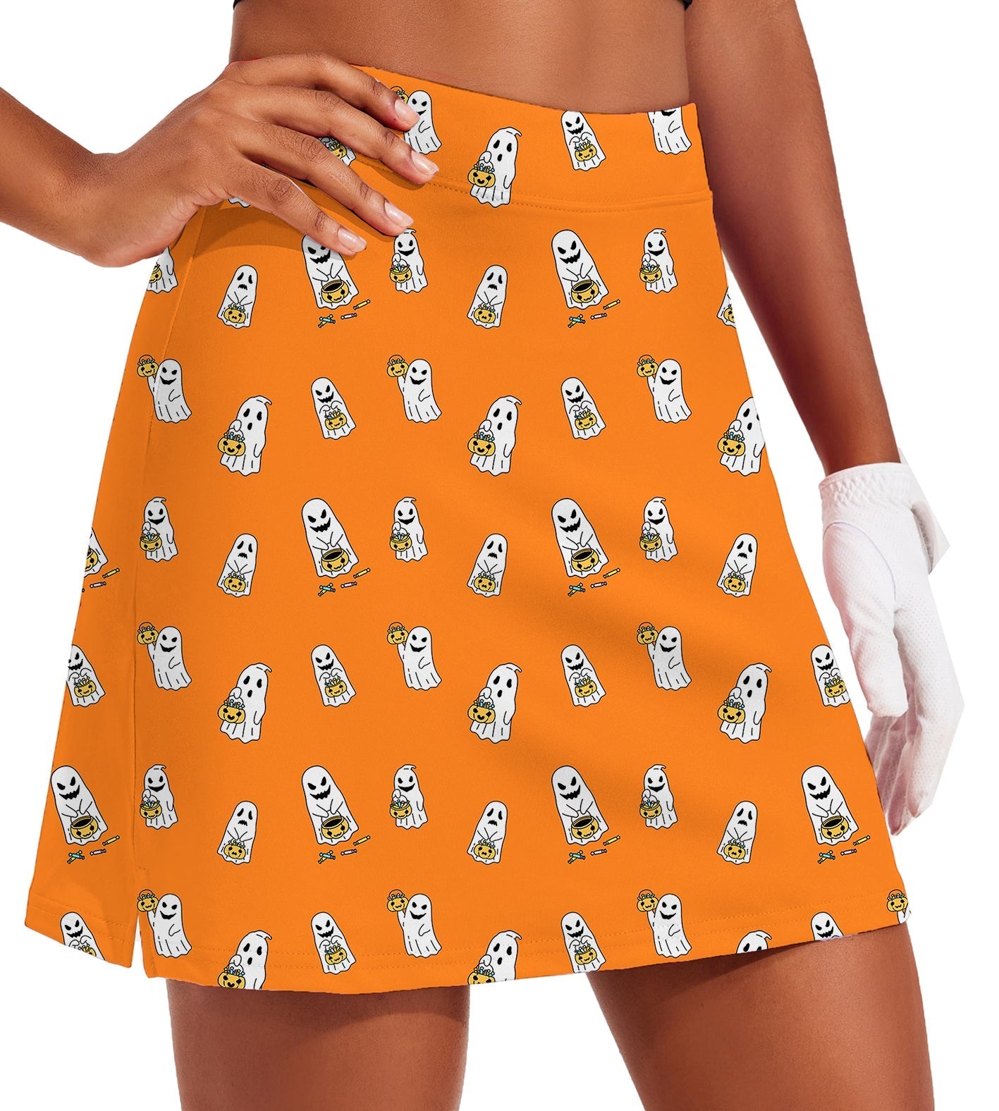 Women's Halloween ghost pumpkin basket print orange golf skirt with inner shorts pocket