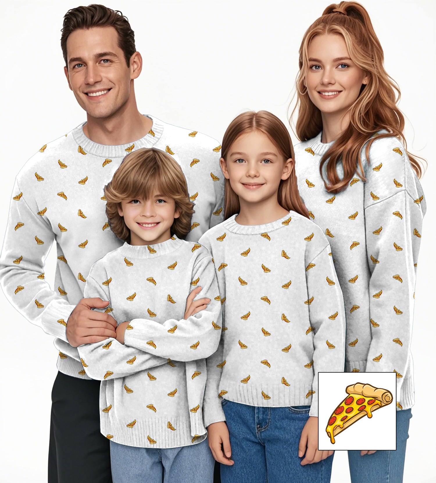 Family wearing matching white crewneck pullovers with custom yellow pizza slice pattern