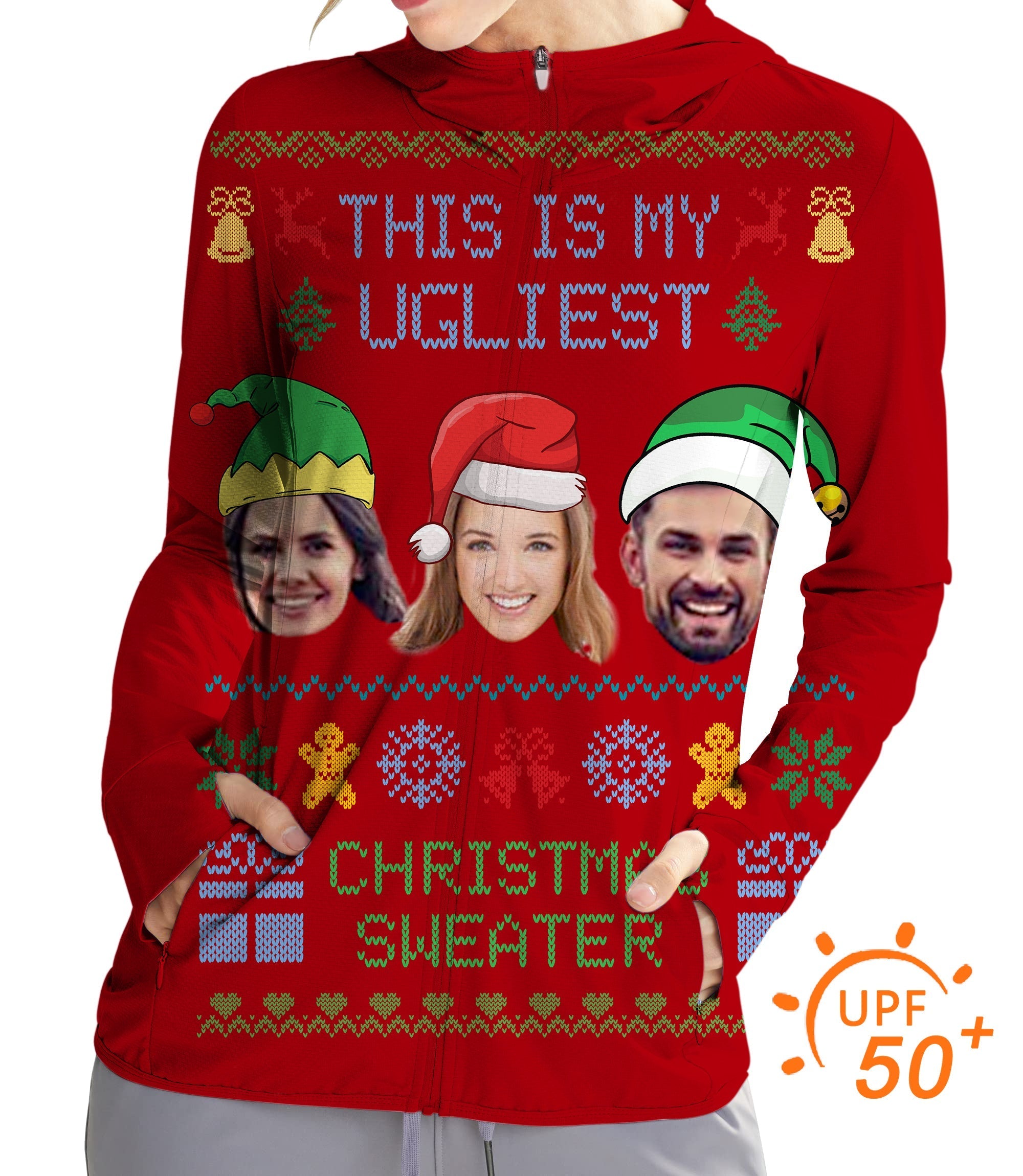Women's outdoor red Christmas custom face golf sun protection slim fit zip hoodie with festive ugly Christmas sweater design and UPF 50+ protection