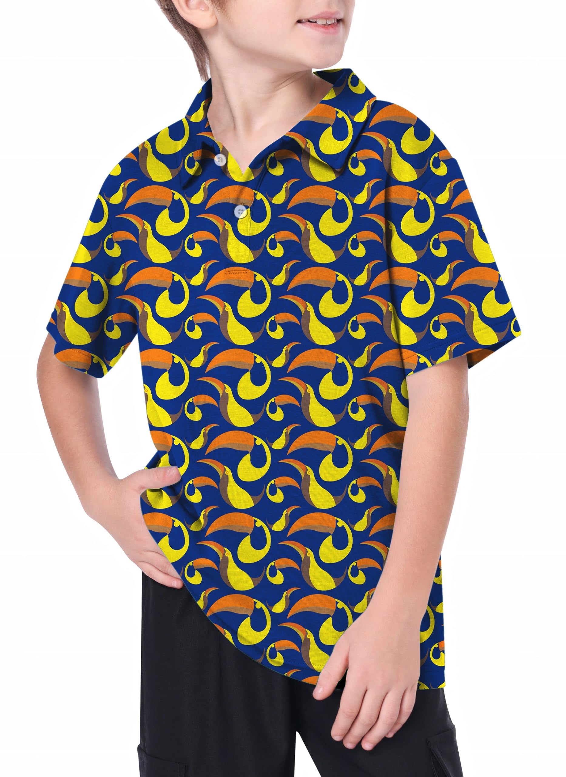 Youth toucan golf polo with vibrant toucan pattern, 4-way stretch, moisture-wicking, and UPF 40+ protection for active youth.