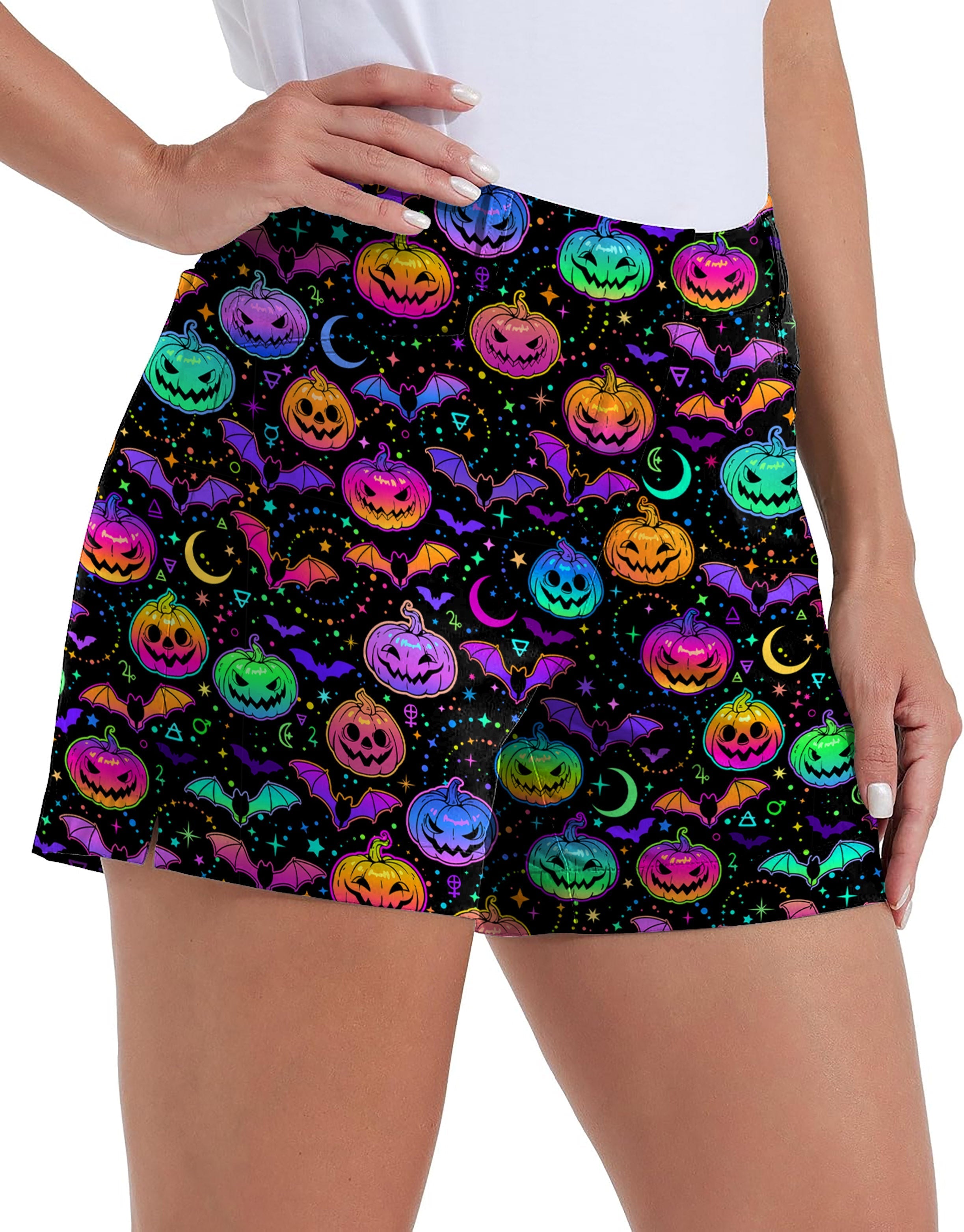 Neon Halloween pumpkin print women's quick-dry golf shorts with pockets and waterproof fabric