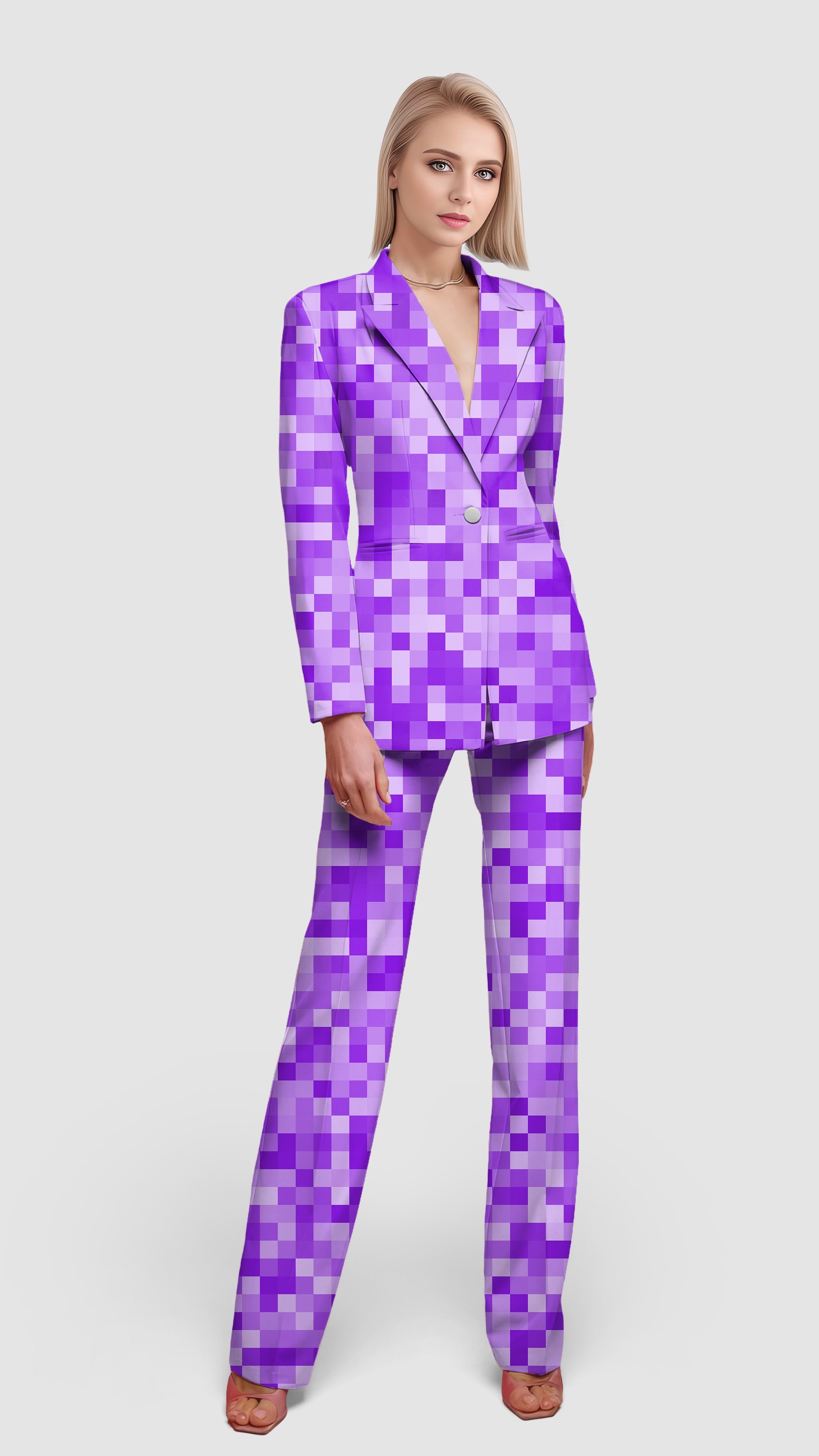 Purple Pixel Big Women's Blazer suit with pixel pattern, single button, flap pockets, casual and office wear.