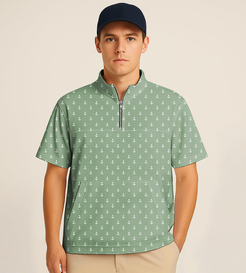 Grass green half zipper turtleneck golf shirt with white anchor embroidery worn by male model