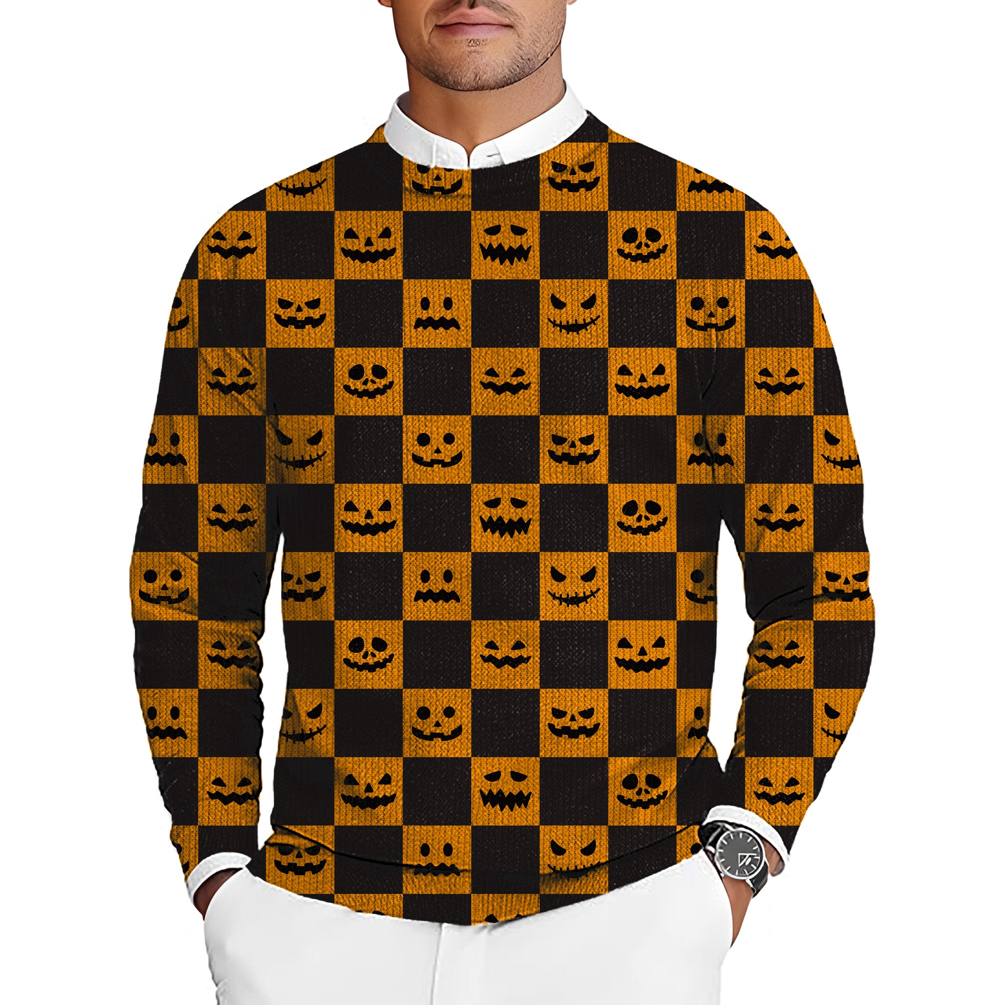 Halloween black and yellow checkerboard pumpkin Men's Golf Crewneck Pullover Sweaters Ugly Sweater