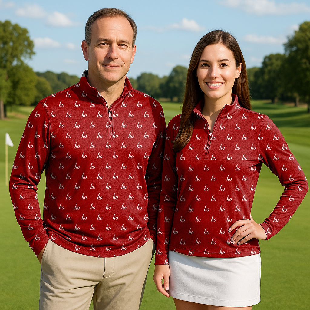 Red custom name Christmas couple golf active 3/4 zip tops with long sleeves in featherlight fabric