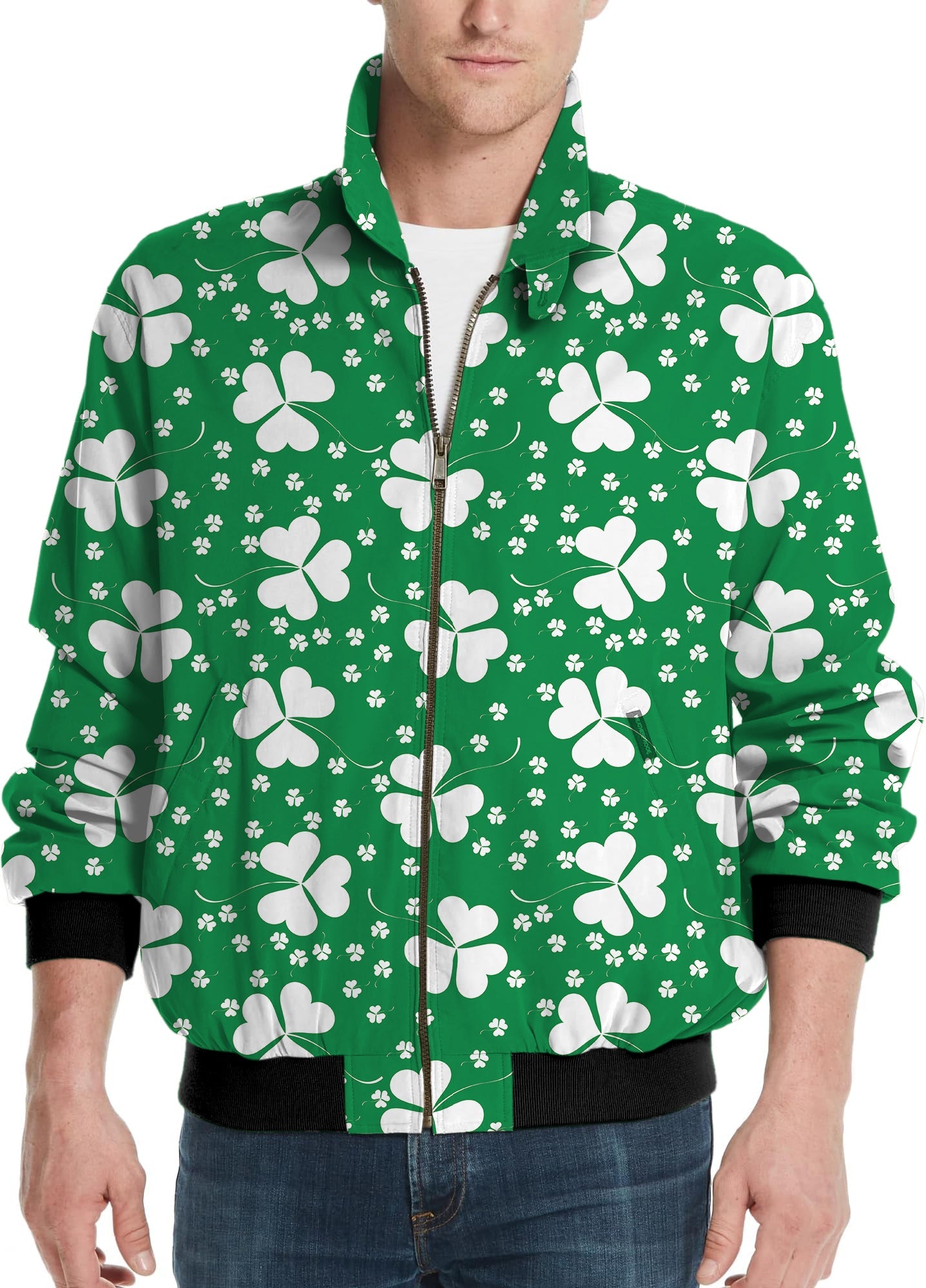 Men's golf windbreaker light jacket with green leaf clover St. Patrick's Day design