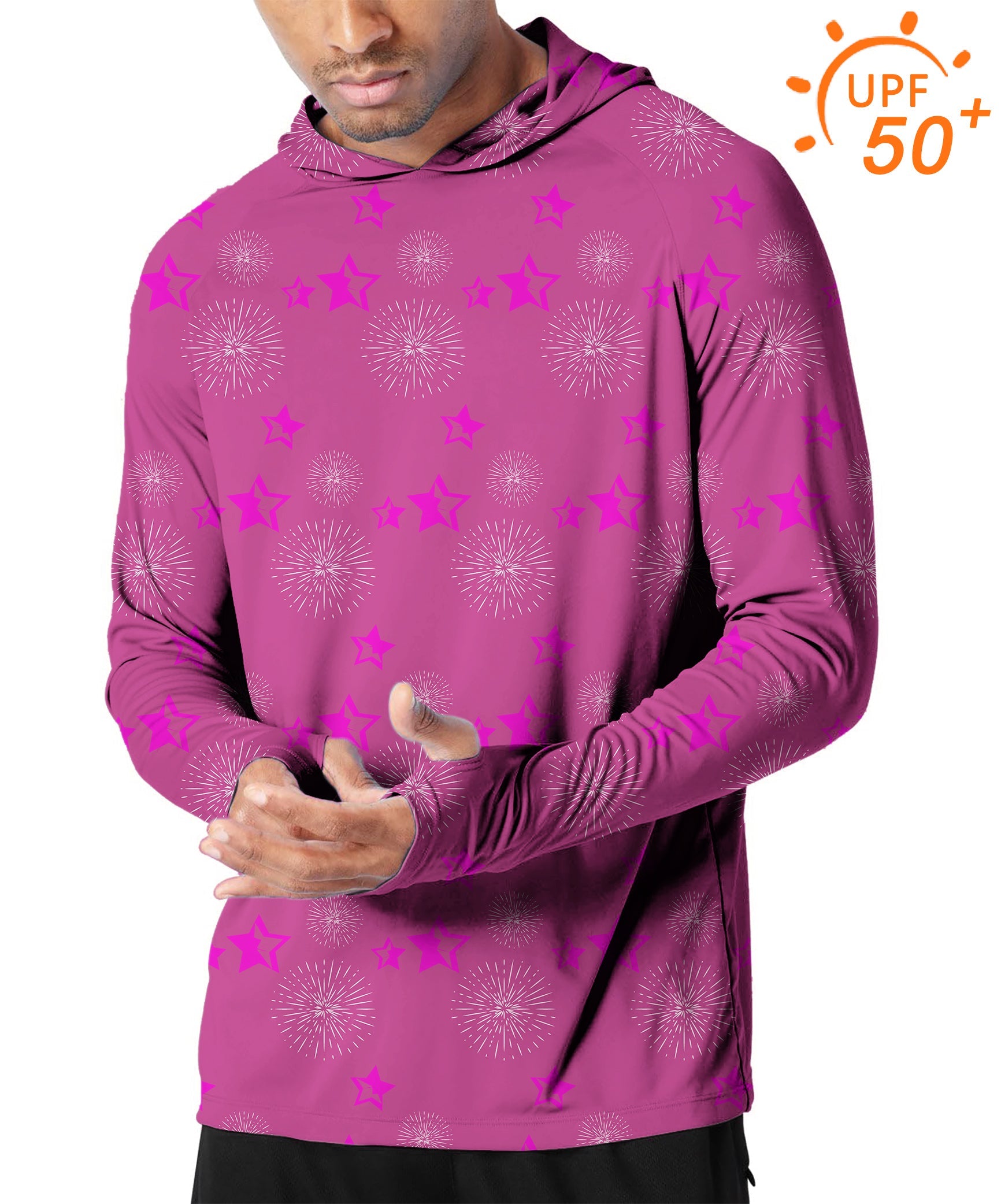 Men's outdoor pentagram print slim fit hoodie with UPF 50+ sun protection and thumb holes for active wear