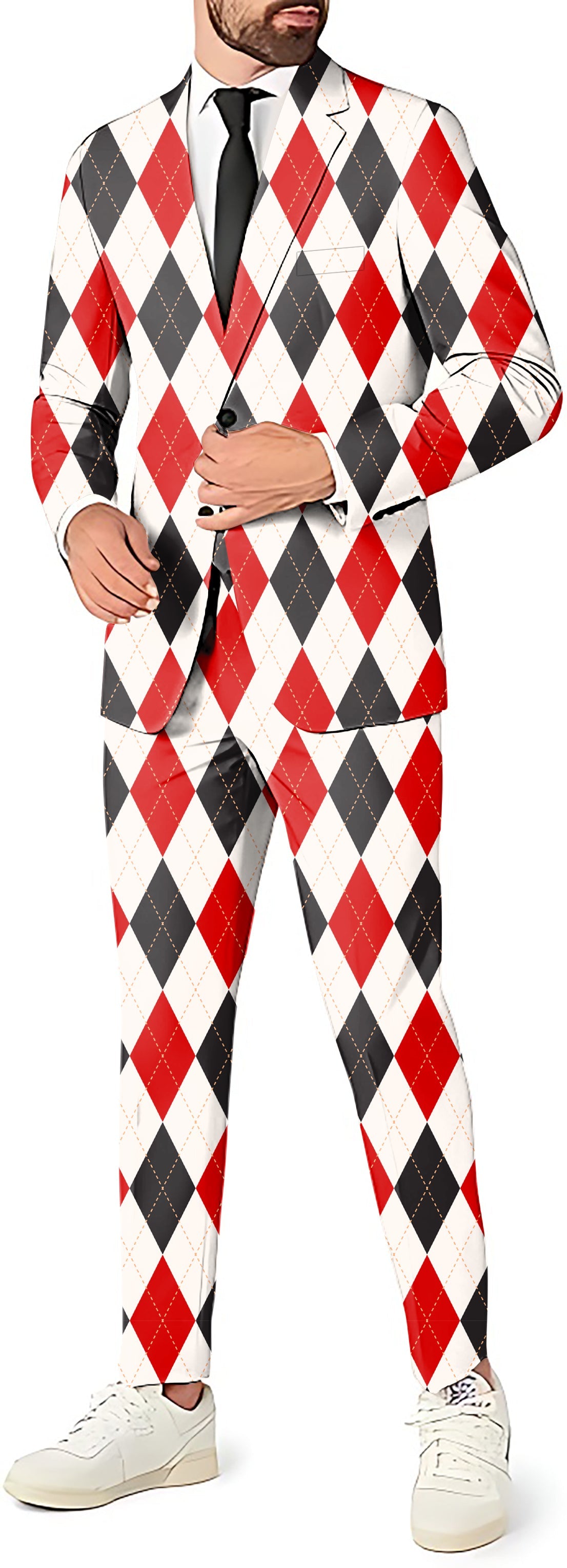 Men's Argyle red and black grid blazer, pants, and vest party suit set
