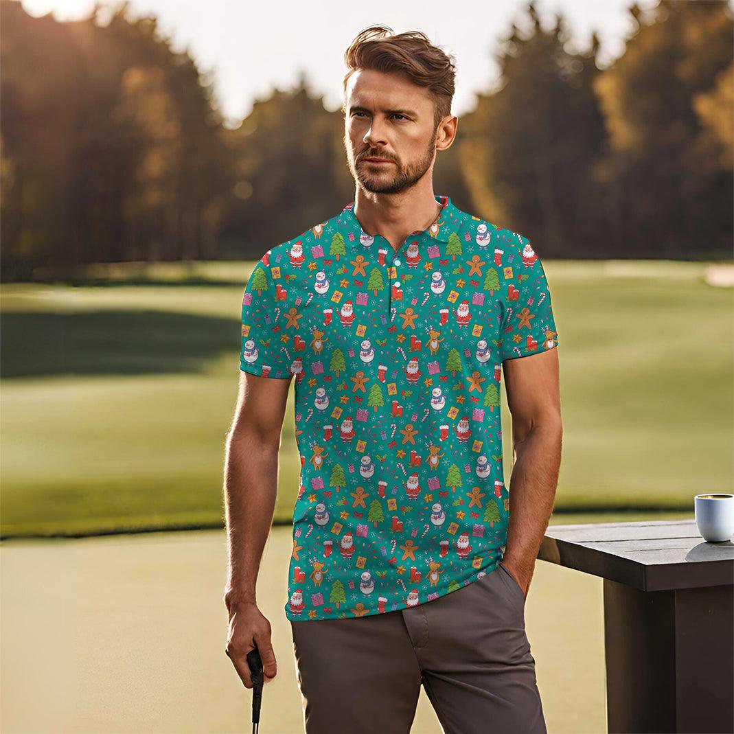 Men's Merry Christmas golf polo with festive holiday pattern, moisture-wicking fabric, and classic fit for golf and business casual wear