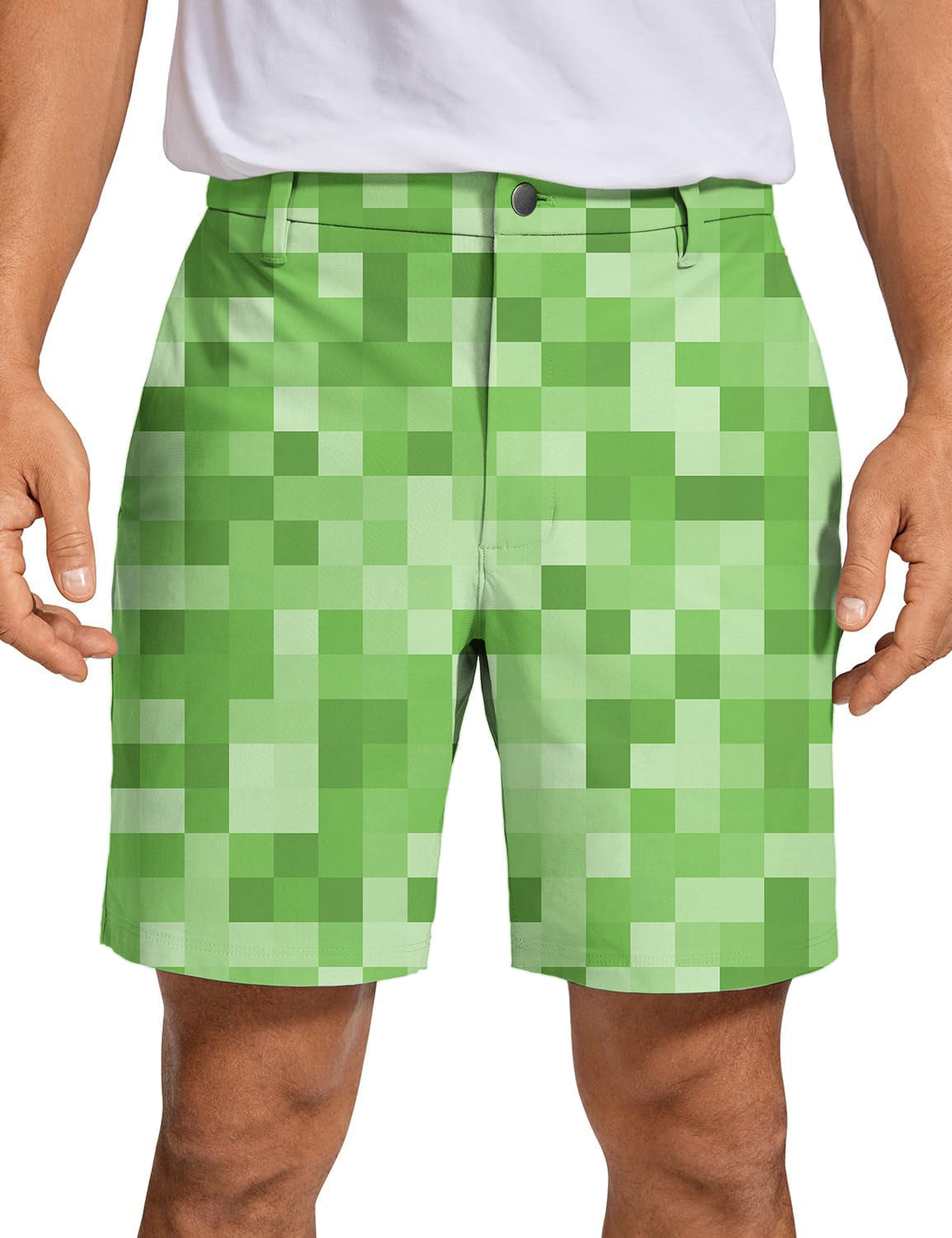 Men's light green pixel patterned golf shorts with quick-dry, breathable, and stretch fabric