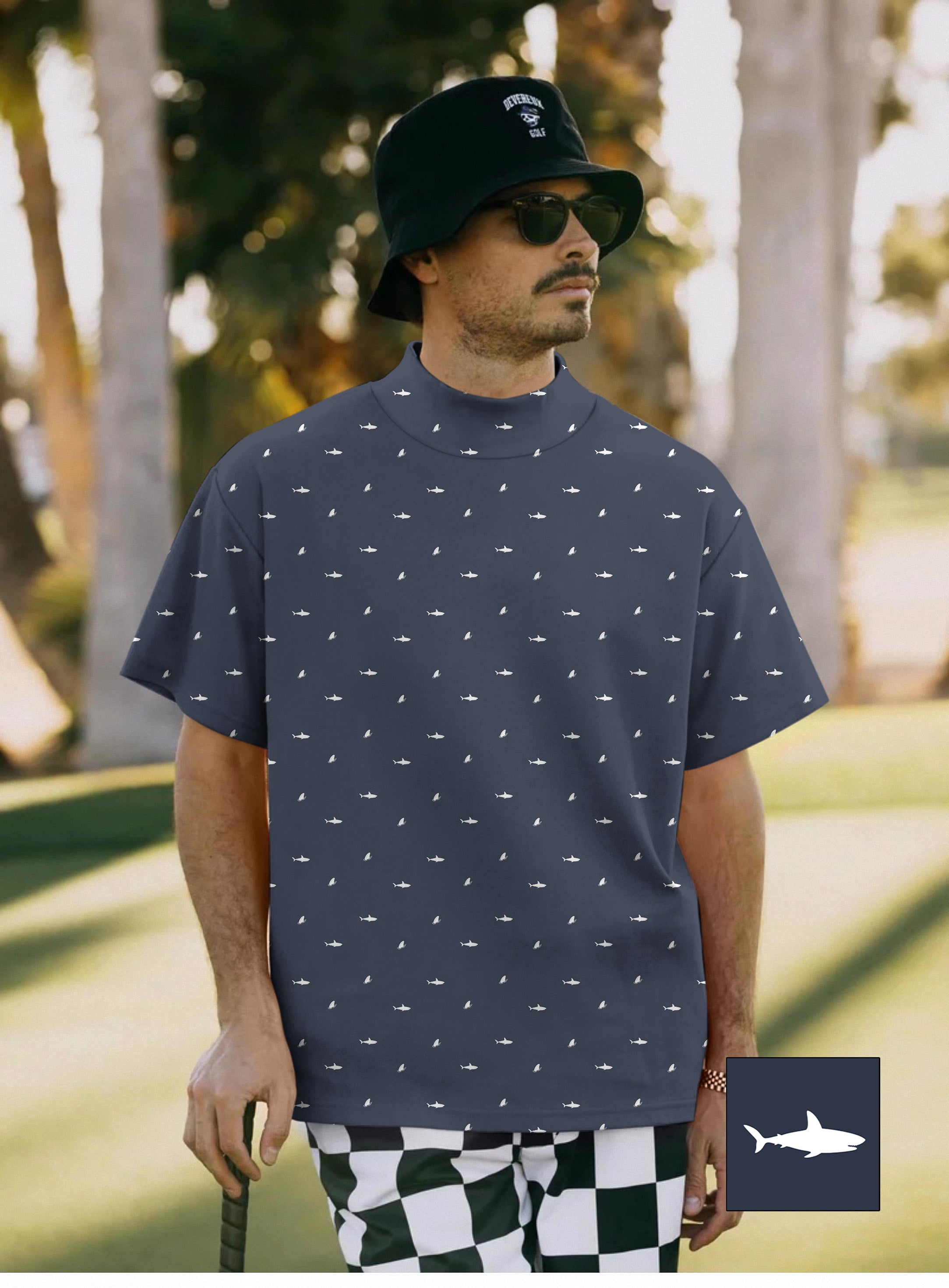 Men's white shark pattern pullover high neck short sleeve shirt