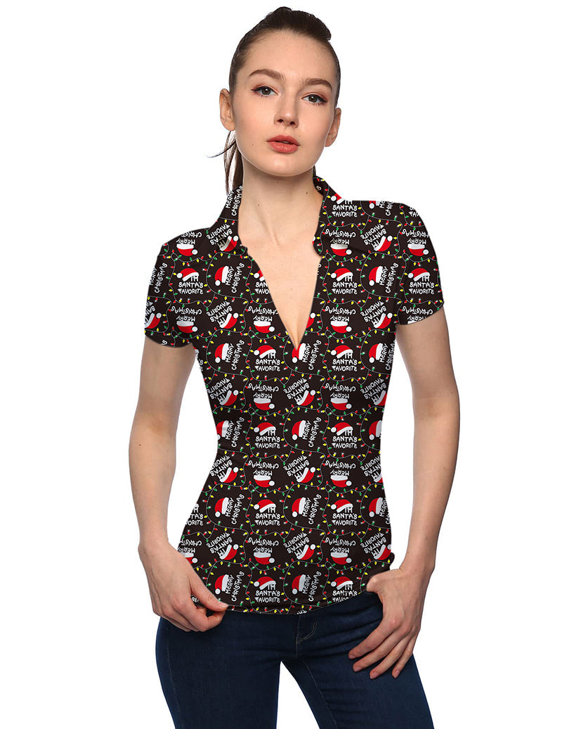 Women's Christmas hat themed black V-neck golf polo shirt with festive print and short sleeves
