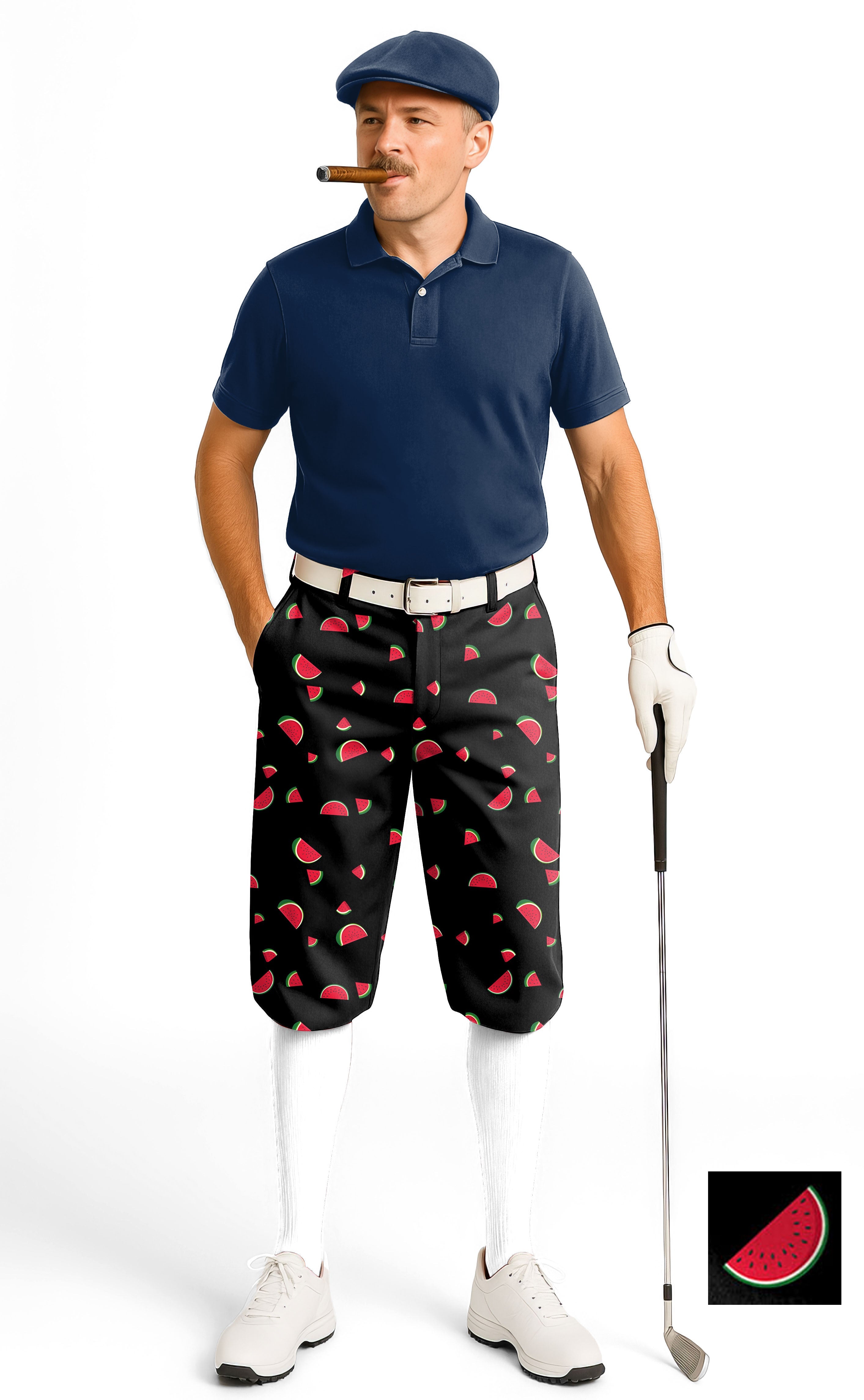 Men's golf knickers with watermelon print on black background, soft breathable fabric, adjustable waist, and snug ankle cuffs