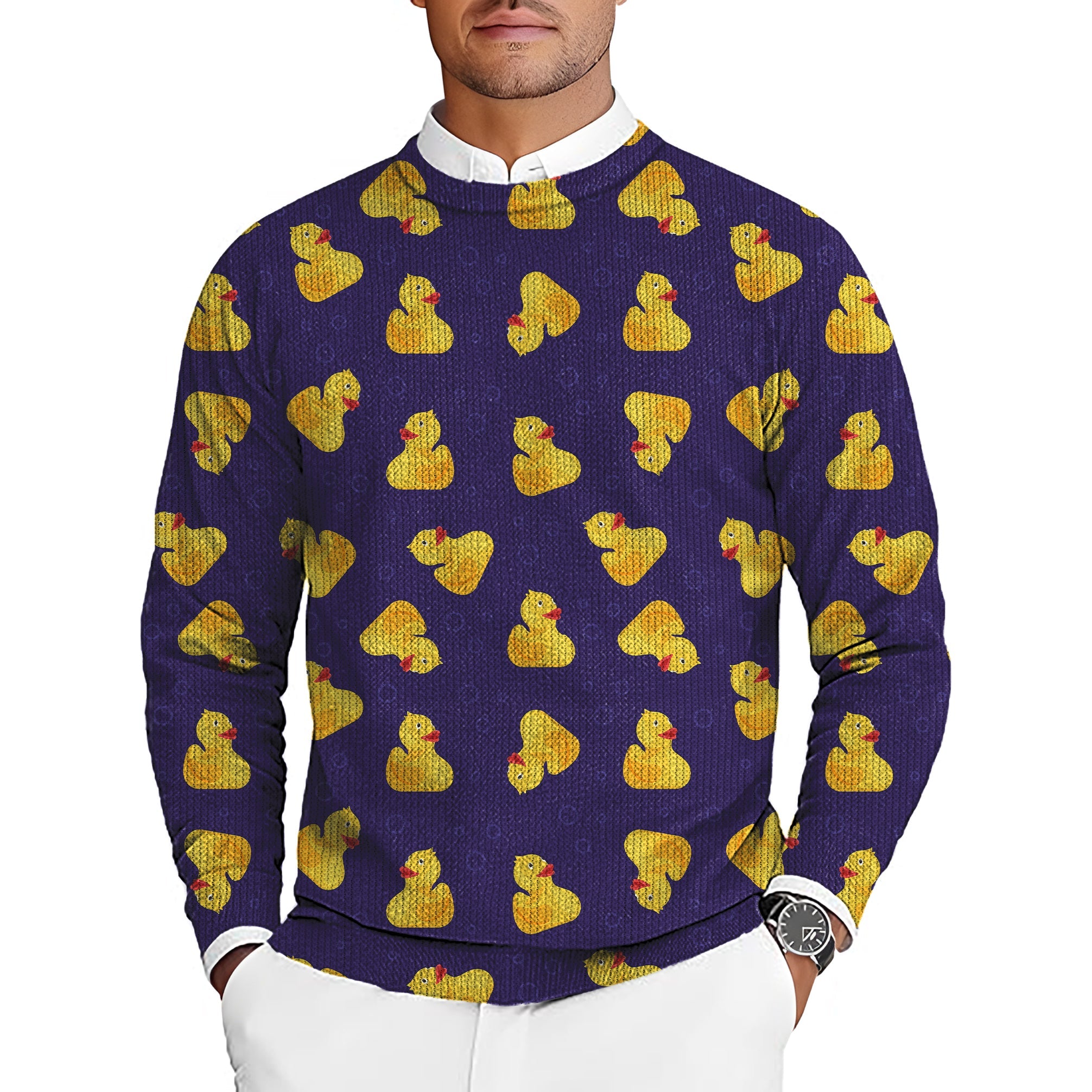 Men's golf crewneck pullover ugly sweater with yellow duck pattern on navy background