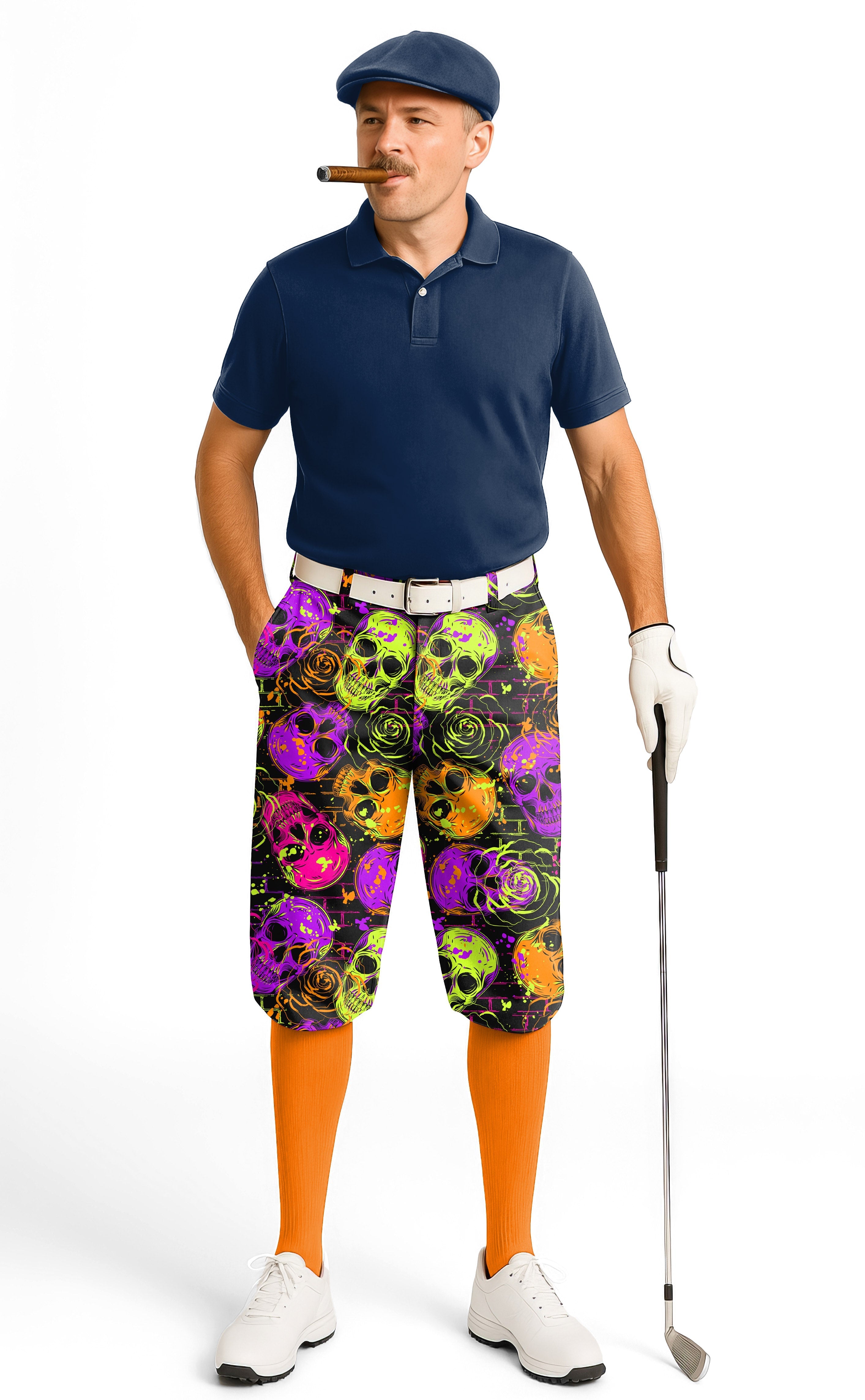 Men's Halloween Colors Skull golf knickers with breathable fabric and snug ankle cuffs