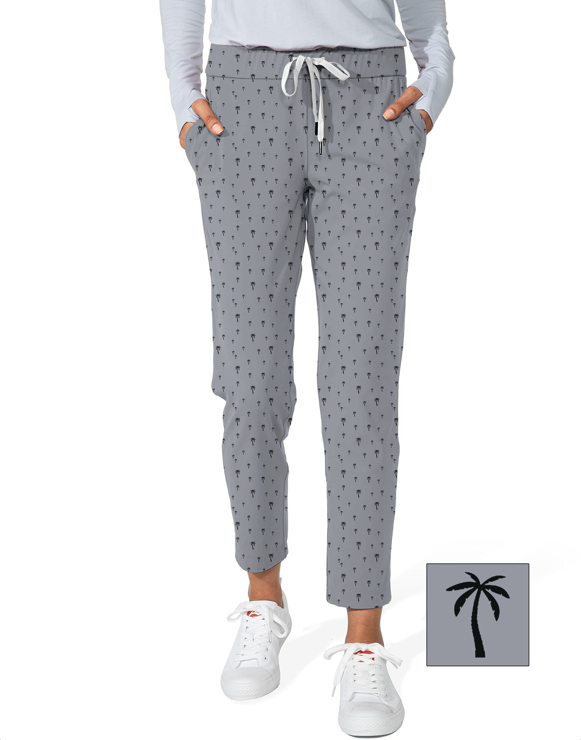 Women's 7/8 stretch ankle golf pants with Coconut Palm pattern and custom logo options