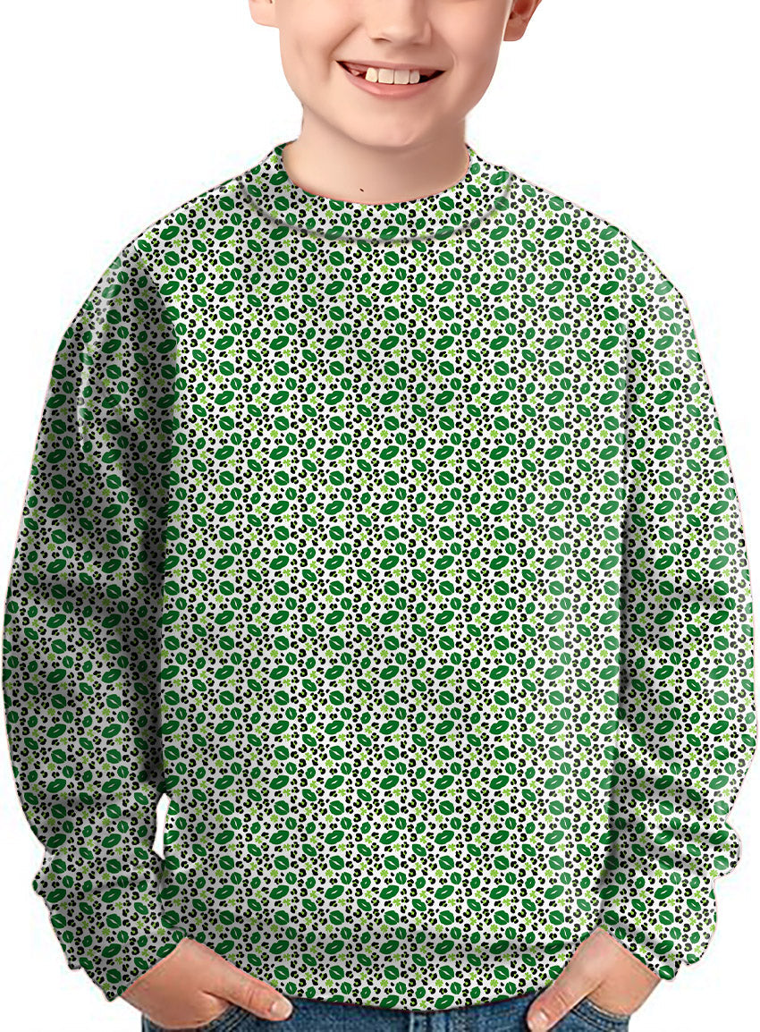 Kids crewneck pullover with green leopard kiss pattern for St. Patrick's Day